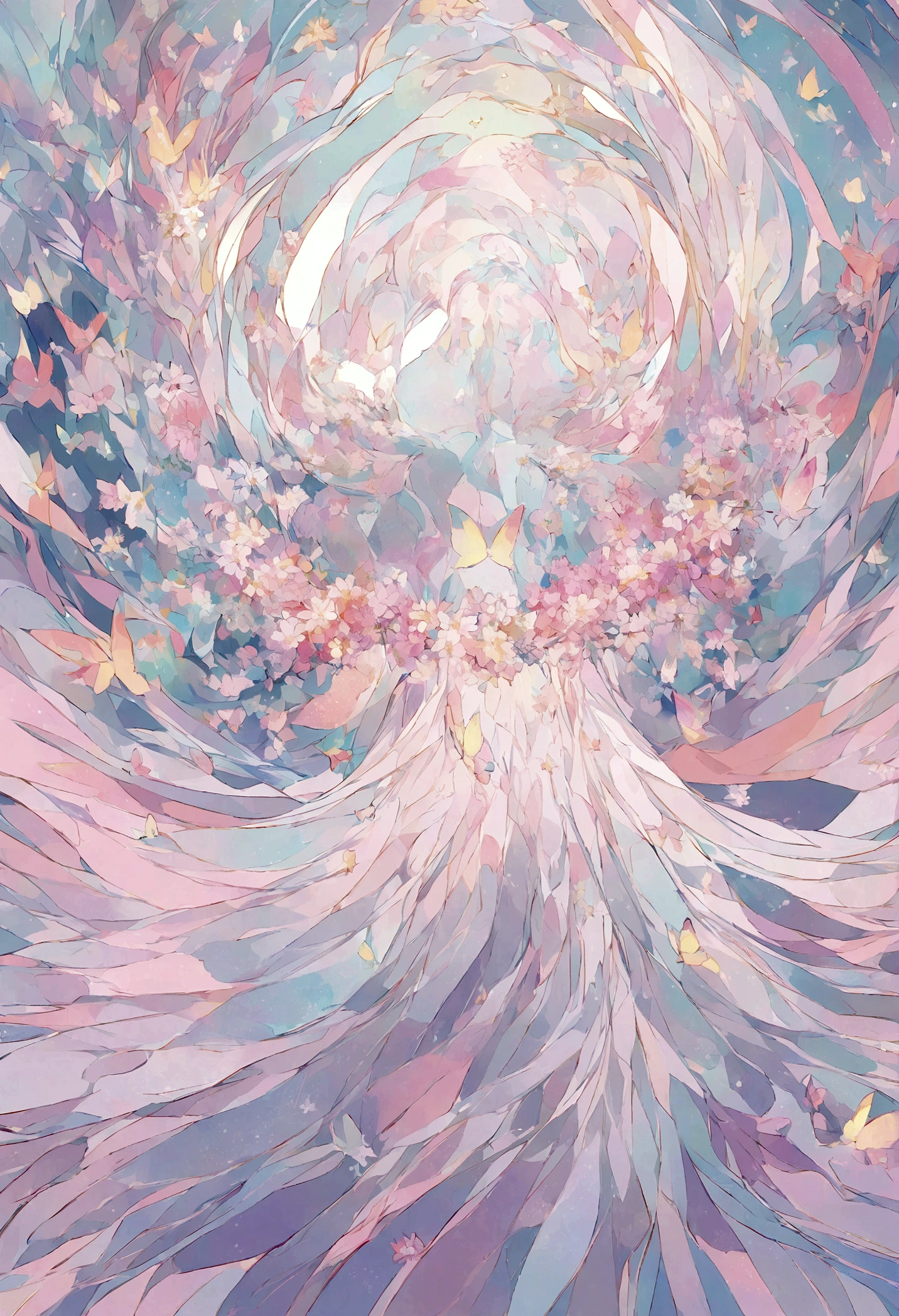The foreground is a dreamer, highlighting lines and minimalist style in the state of white transparent gauze; The background features flowing flower wreaths, butterflies, and small celestial bodies, using an abstract sci-fi style Moranti color scheme