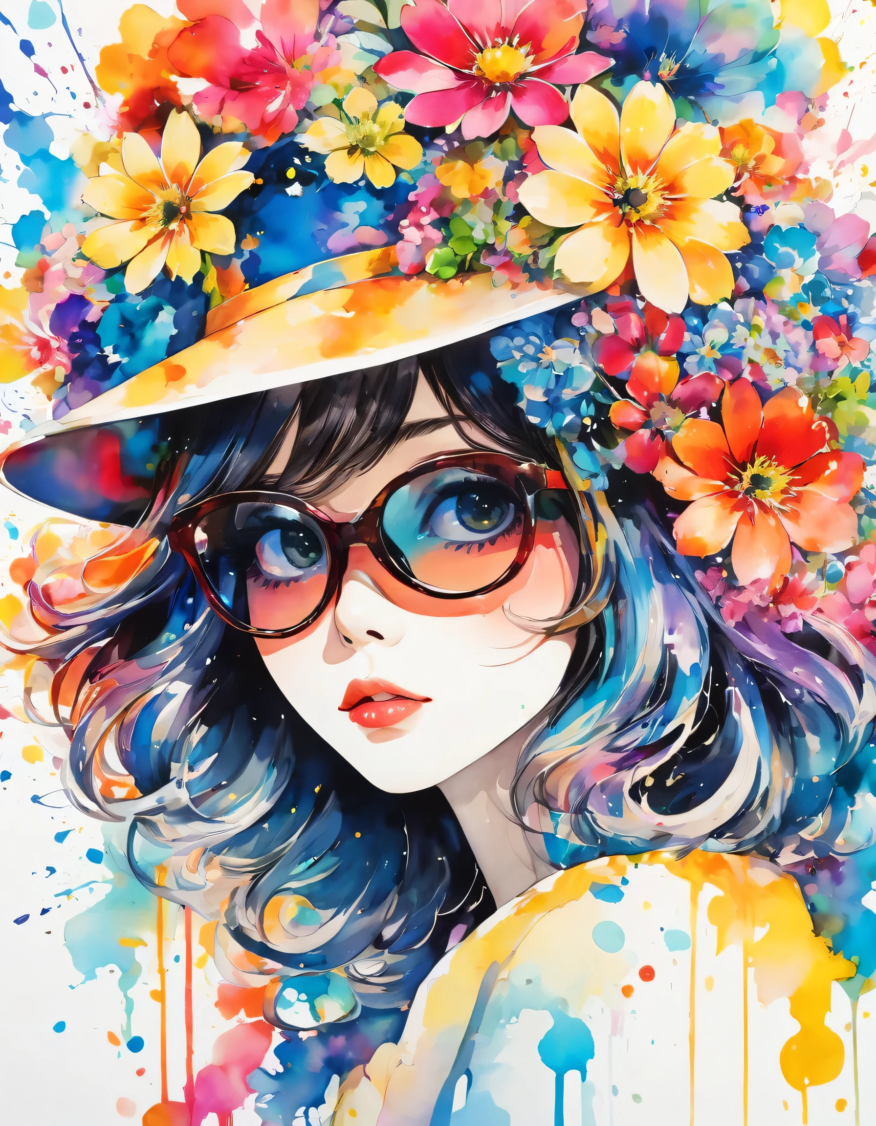 Hayao Miyazaki style, beautiful woman portrait, Sylvia Pelissero watercolors, colorful flowers、beautiful eyes、 abstract art, intense watercolor, watercolor detailed art, watercolor splash, surreal, avant-garde pop art, Beautiful and expressive paintings, Beautiful artwork illustration, very colorful tones, wonderful, cool beauty, highest quality,official art, women only, sharp outline, best shot, vector art, lips in love、Fashionable hats、Stylish sunglasses、 (((The strongest beautiful girl of all time))), (((Japanese)))、Idol、clear, Fashionable hats, (((highest quality))), bob hair, lips in love, HDR, ((Detailed details)), stylish fashion, detailed clothing texture, (((graffiti art))), colorful hair, ((masterpiece))、((Super detailed))