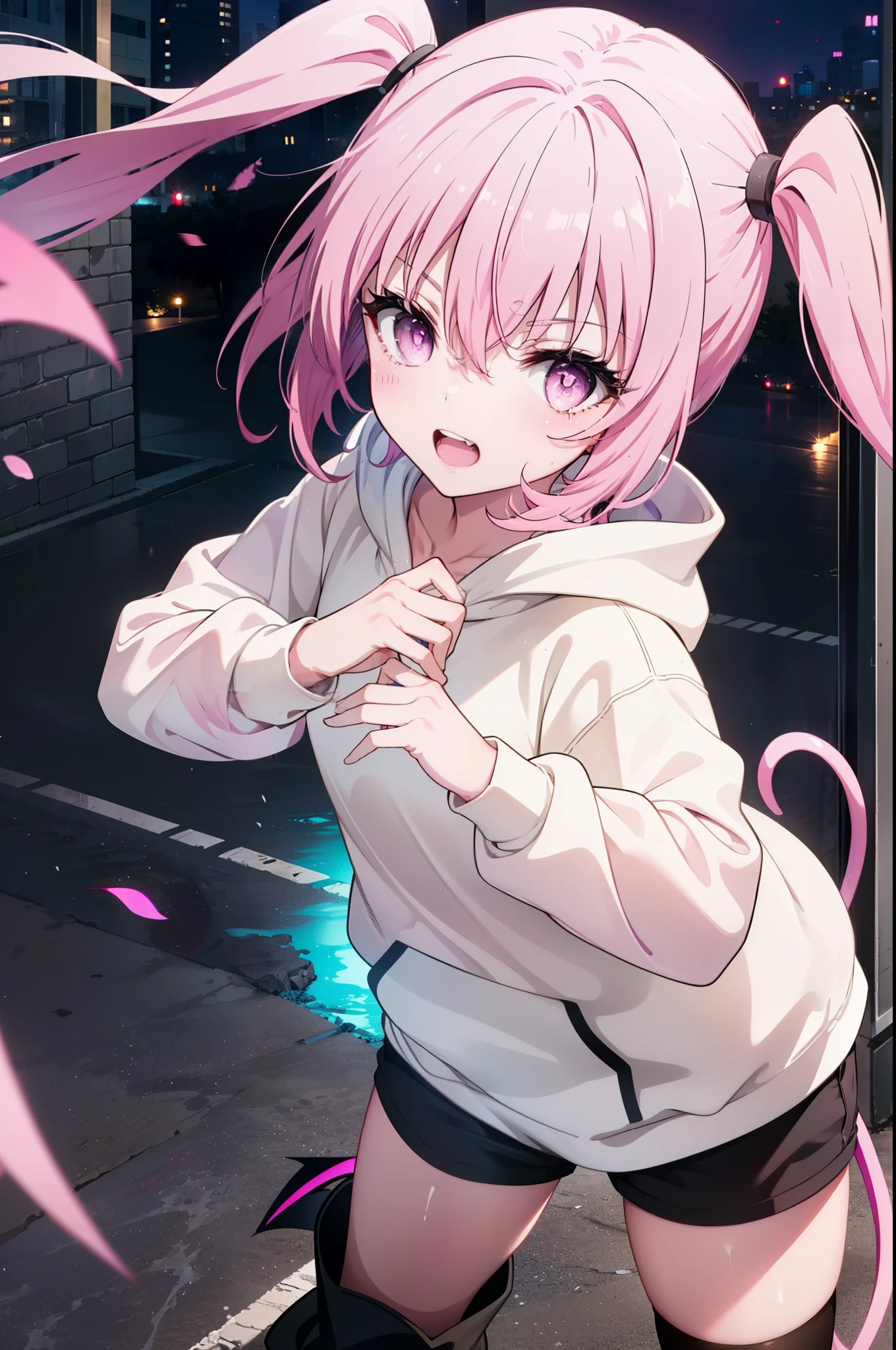  devil,  That deviluke, One Girl,teeth, Long Hair, (Pink Eyes:1.5), Pink Hair, tail, Twin tails, (Flat Chest:1.2),tail,happy smile, smile, Open your mouth,
break demon tail,  Oversized hoodie,Shorts,Black knee socks,short boots,walking,whole bodyがイラストに入るように,
break outdoors, city,construction area,
break looking at viewer, whole body,
break (masterpiece:1.2), highest quality, High resolution, unity 8k wallpaper, (shape:0.8), (beautiful detailed eyes:1.6), extremely detailed face, Perfect lighting, extremely detailed CG, (Perfect hands, Perfect Anatomy),