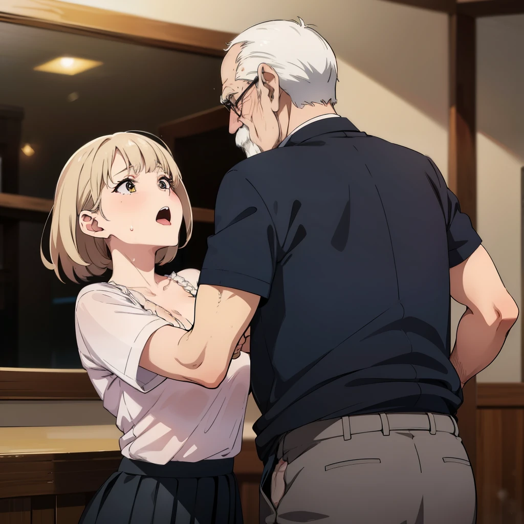 nsfw,((One girl, 1 Elderly)), ((Skirt flip:1.4)), ((Old man grabs woman&#39;s skirt)), The old man laughs evilly, Huge breasts:1.7, Anime cel painting style, highest quality, High resolution, Huge breasts:1.8, good, High leg panties, White Sailor Suit, Short sleeve, Red neckerchief, Blue Skirt, blue eyes, Purple Hair, bangs, Side Ponytail, hair ornaments, Embarrassing, fear, blush, View Viewer, whole body, Cowboy Shot:1.6, Crowded train