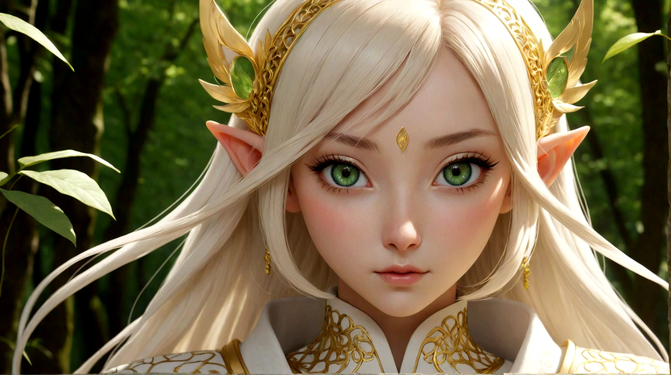 Japanese animation style、Beautiful blonde elf woman、In white clothes、Fantastic pattern of gold thread、Black band、Fresh green eyes、symmetry、Golden Ratio、Beautiful pattern at the hem、Beautiful scenery of Kyoto、high resolution、Amazingly detailed depiction、4k、128k、