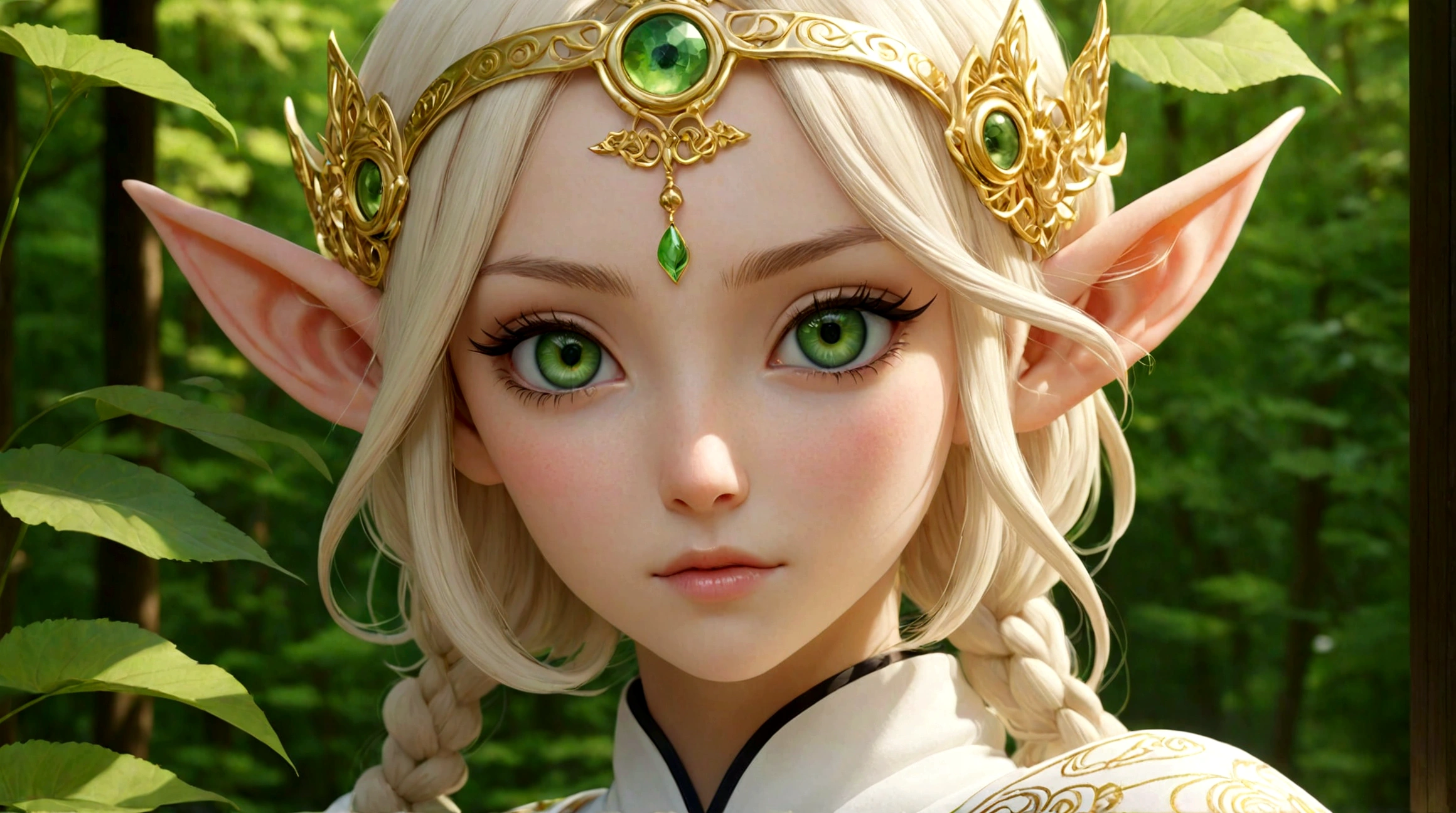 Japanese animation style、Beautiful blonde elf woman、In white clothes、Fantastic pattern of gold thread、Black band、Fresh green eyes、symmetry、Golden Ratio、Beautiful pattern at the hem、Beautiful scenery of Kyoto、high resolution、Amazingly detailed depiction、4k、128k、