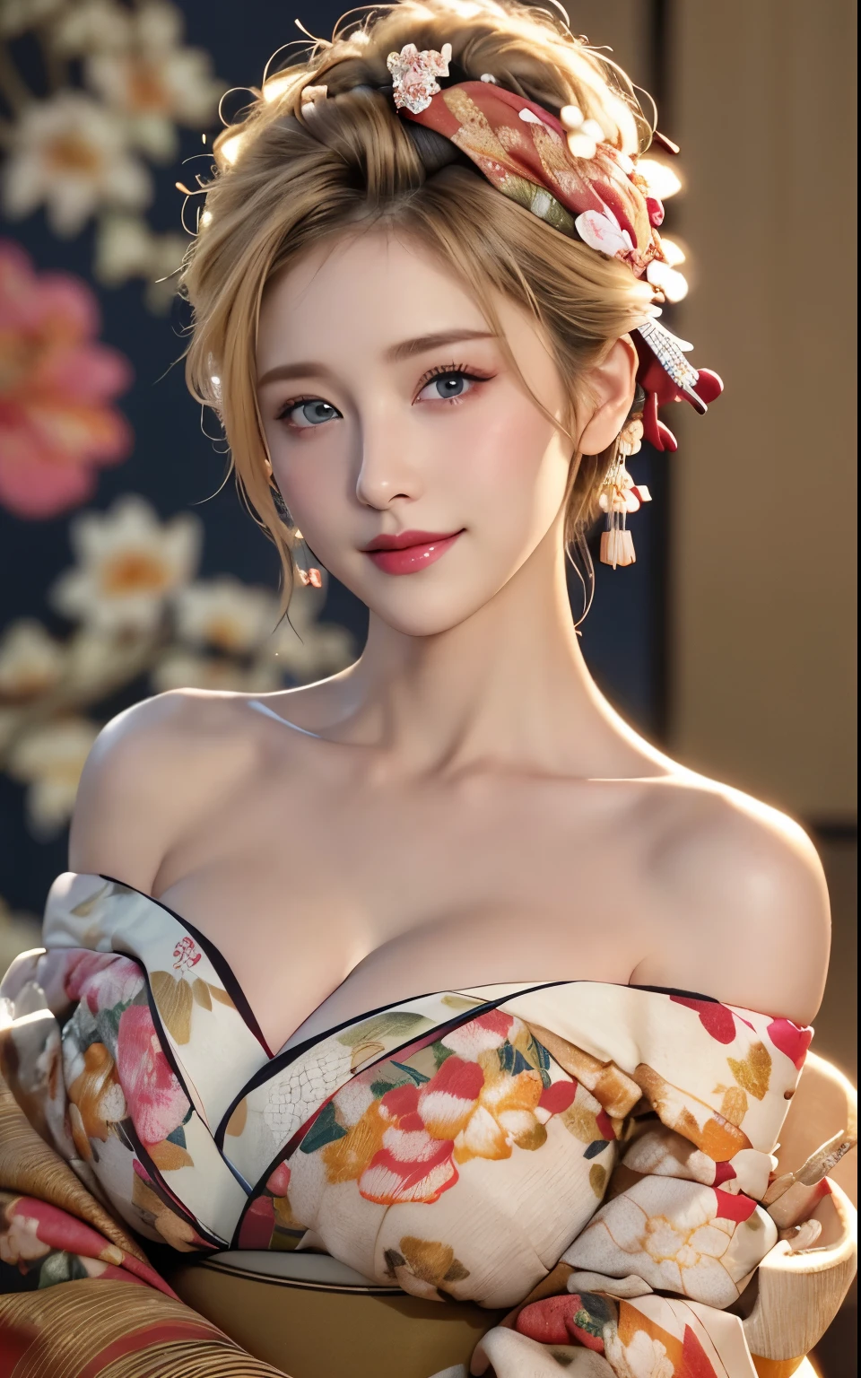 Realistic:1.8、Blonde、Italian、highest quality、1 girl、,Glowing Skin、Professional Lighting,Photorealistic、Perfect body、super high quality、Ultra-high Realistic image quality、Japanese、(Off-the-shoulder short length floral print kimono:1.6)、(Cleavage:1.5)、Tight waist、(blonde:1.3)、(Blurred Background)、(Grin)、、blue eyes、blonde、Tattoos all over the body、short hair、Hair tied up、Full body photo、Sexy Face、short hair、 A look of complete lust、(((masterpiece)))、((highest quality))、((超Realistic))、成熟したwoman、成熟したwoman、perspective、Very detailed、The perfect temptation、Best image quality、Fine-grained image quality、beautiful、European, woman, French, woman Italian, Italian, smile、blue eyes、jewelry, blue eyes, Realistic, High resolution, Soft Light,Hip Up, Glowing Skin, (Detailed face),tattoo, jewelry, , night, blonde, Wavy Hair,attractive appearance, smile, Perfect Style, Perfect balance,