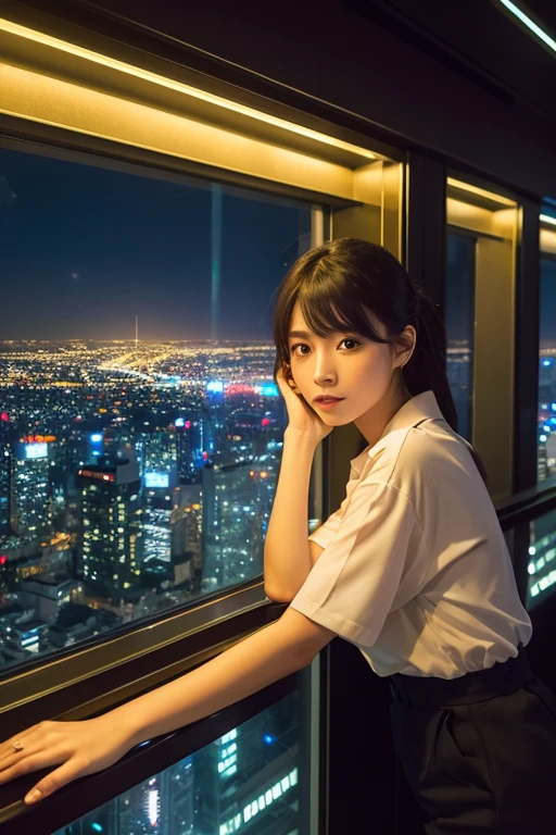 masterpiece、highest quality、8k、Looking out over the city from the top of a skyscraper、Blurred beautiful woman in boyish clothes、Golden neon lights of the big city