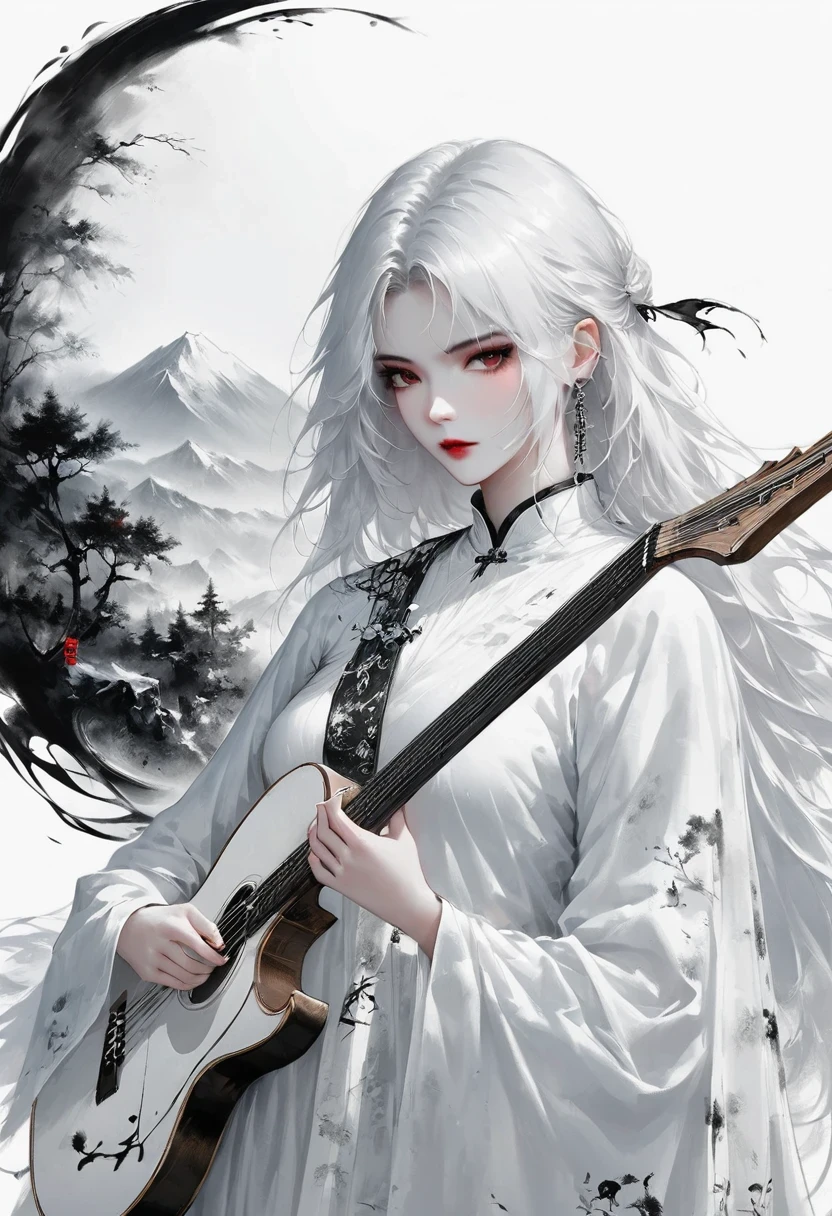 (Lots of white space:1.5),(Lots of white space around:1.6), White background, simple, Minimalism, abstract,Freehand,Aesthetic,black and white,Ink Painting,antiquity,a mountain,A distant guitarist,An abstract art illustration, author:Li Song, Arte no estilo de guweiz, arte shin jinyoung, Obra-prima de guweiz, Ross chart 1. 0, Beautiful digital illustrations, Inspired by non-WLOP, simpledigital art, jingna zhang, guweiz, Stunning digital illustrations