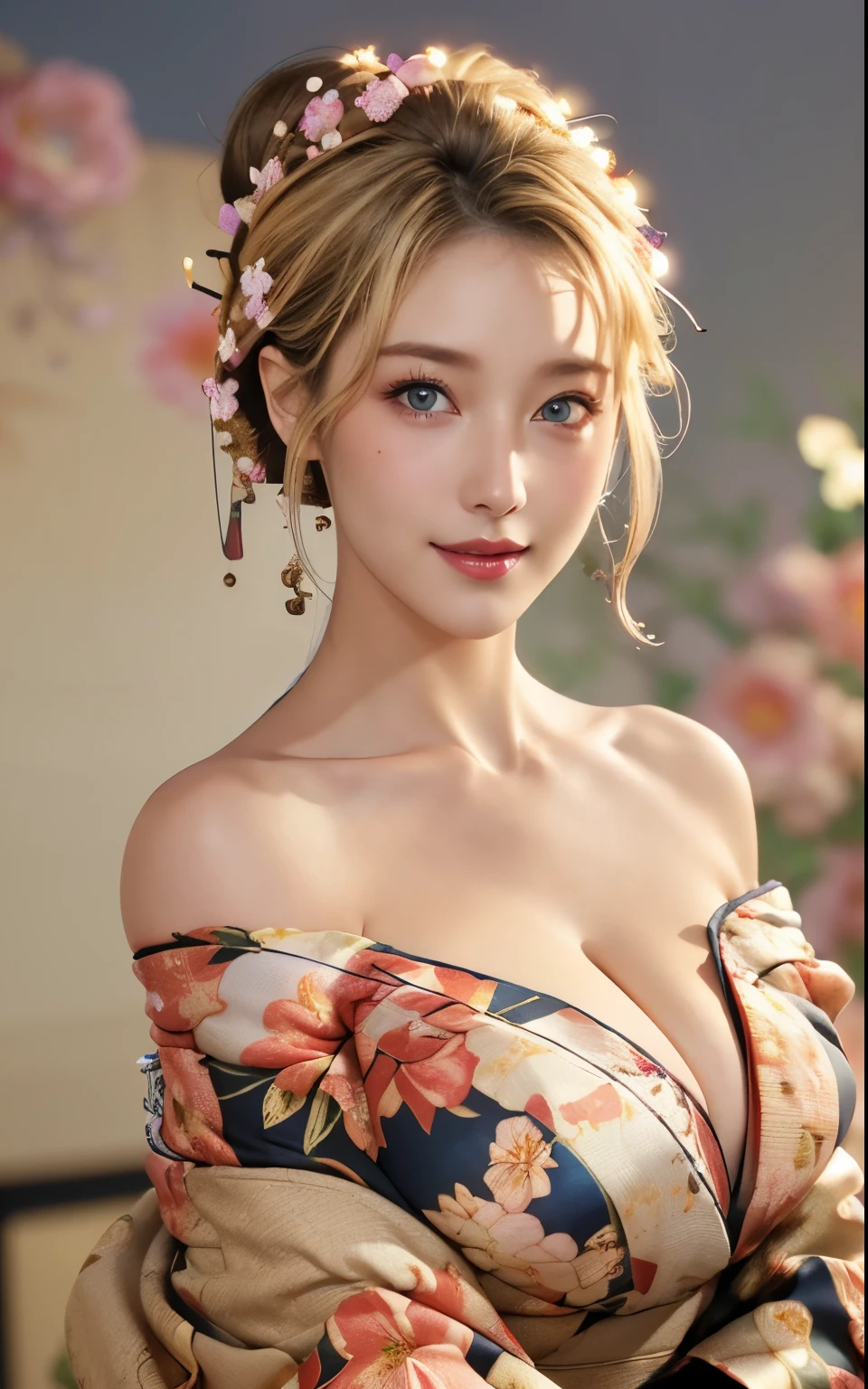 Realistic:1.8、Blonde、Italian、highest quality、1 girl、,Glowing Skin、Professional Lighting,Photorealistic、Perfect body、super high quality、Ultra-high Realistic image quality、Japanese、(Off-the-shoulder short length floral print kimono:1.6)、(Cleavage:1.5)、Tight waist、(blonde:1.3)、(Blurred Background)、(Grin)、、blue eyes、blonde、Tattoos all over the body、short hair、Hair tied up、Full body photo、Sexy Face、short hair、 A look of complete lust、(((masterpiece)))、((highest quality))、((超Realistic))、成熟したwoman、成熟したwoman、perspective、Very detailed、The perfect temptation、Best image quality、Fine-grained image quality、beautiful、European, woman, French, woman Italian, Italian, smile、blue eyes、jewelry, blue eyes, Realistic, High resolution, Soft Light,Hip Up, Glowing Skin, (Detailed face),tattoo, jewelry, , night, blonde, Wavy Hair,attractive appearance, smile, Perfect Style, Perfect balance,