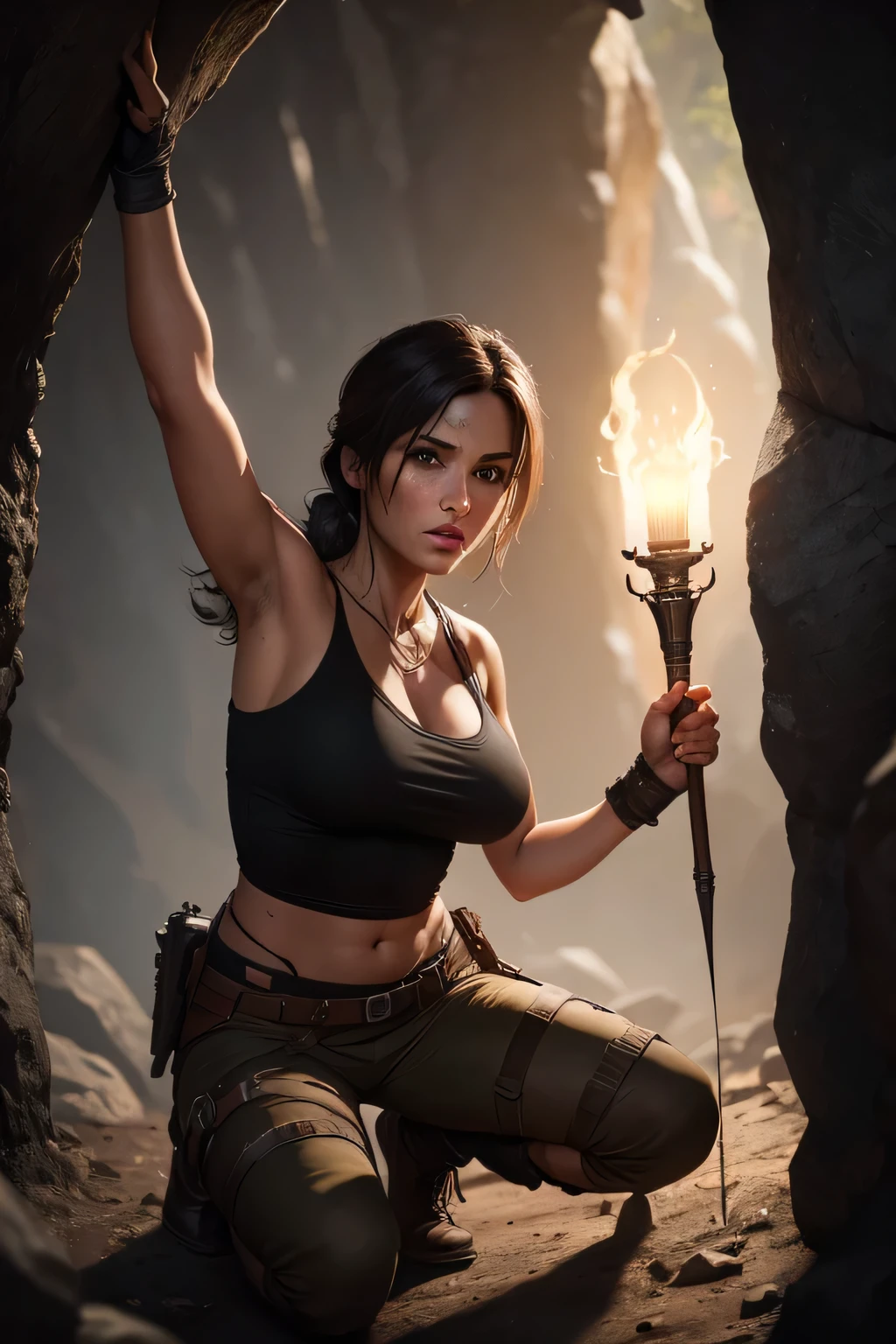 Create a realistic image of Lara Croft discovering an ancient artifact in an underground cave. Lara is wearing her classic Tomb Raider outfit: a tank top, cargo shorts, sturdy boots. She is illuminated by the light from her torch, which casts flickering shadows on the cave walls. The cave is filled with intricate carvings, ancient symbols, and stalactites hanging from the ceiling. Lara is kneeling or bending down, carefully retrieving the artifact from a pedestal or hidden compartment. The artifact is a detailed, mysterious object from one of the Tomb Raider games, such as the Scion from the original game or the Dagger of Xian from Tomb Raider II. perfect face, ultra detailed face, perfect brown eyes, beautiful face, perfect anatomy. Additional Details: Background: Underground cave with intricate carvings, ancient symbols, stalactites, and shadows cast by the torchlight. Artifact: Detailed, mysterious object from one of the Tomb Raider games (e.g., Scion, Dagger of Xian). Lighting: Flickering torchlight illuminating the scene, creating dramatic shadows and a sense of mystery. (8k, RAW photo, best quality, masterpiece:1.2),ultra-detailed, (high detailed skin:1.2), 8k uhd, dslr, soft lighting, high quality
