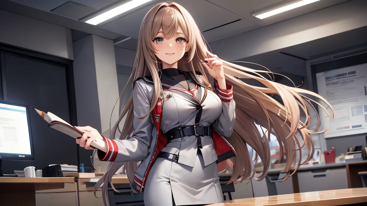 game , Nikke, the goddess of victory, Neat , Light brown hair, Captivating eyes ,Beautiful Face , Crystal Red Eye , Long Hair, ((Grey suit jacket:1.2)) , (( Grey pencil skirt:1.2)), ((Sailor suit)), Cleavage,G-cup breasts, Narrow waist, Captivating thighs, 5 fingers on each hand, both hands ,2 Foot , At the office, Seductive pose , Beautiful smile, Cowboy Shot,Reading a book