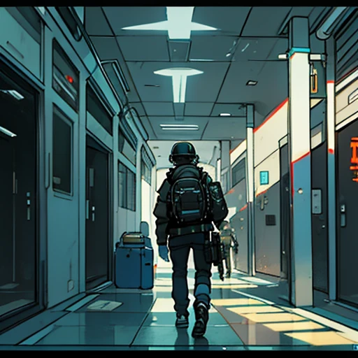 Hacker cyberpunk , wearing high-tech helmets and backpacks, En cuclillas en una azoteas de un apartamento , bajo fuertes lluvias ,pelea con una sombra , por la noche
