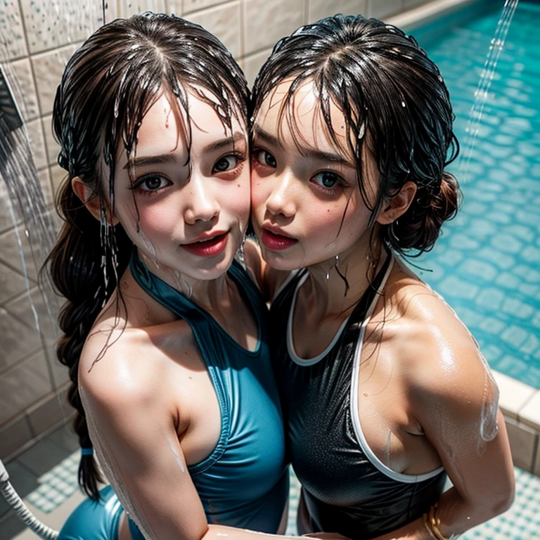 NSFW, (Snapshot of girls kissing face to face in an open shower room by the pool), Braid hair, With bangs, (School Swimwear), the body is covered with juice, White LiquidSoap, Sweating, be sweaty, Wet pearl skin, ((Wet swimsuit)), Perfect Lighting, Clear Focus, (bokeH:1.4), Roundly butts, { (Shower Water:1.6) | (Gigantic  Overflowing sideboob) | Butt cruck | (from above:1.4) }, hidden hands BREAK (NOGIZAKA girls)  ((Extremely Detailed very KAWAII face variations)), perfect anatomy, Childish, captivating gaze, elaborate detailed Eyes with (sparkling highlights:1.2), long eyelashes、Glossy RED Lips with beautiful details, Coquettish tongue, Rosy cheeks . { (Dynamic joyful expressions) | (:d) }, (no large eyes) . (close-up:1.28), Assfocus