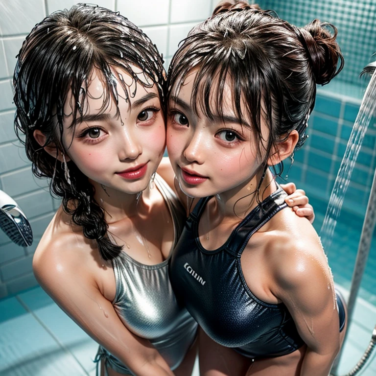 NSFW, (Snapshot of girls kissing face to face in an open shower room by the pool), Braid hair, With bangs, (School Swimwear), the body is covered with juice, White LiquidSoap, Sweating, be sweaty, Wet pearl skin, ((Wet swimsuit)), Perfect Lighting, Clear Focus, (bokeH:1.4), Roundly butts, { (Shower Water:1.6) | (Gigantic  Overflowing sideboob) | Butt cruck | (from above:1.4) }, hidden hands BREAK (NOGIZAKA girls)  ((Extremely Detailed very KAWAII face variations)), perfect anatomy, Childish, captivating gaze, elaborate detailed Eyes with (sparkling highlights:1.2), long eyelashes、Glossy RED Lips with beautiful details, Coquettish tongue, Rosy cheeks . { (Dynamic joyful expressions) | (:d) }, (no large eyes) . (close-up:1.28), Assfocus