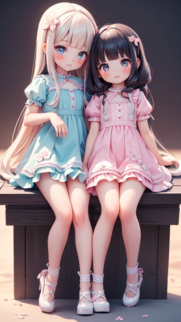 (((petite bishojo,  two girls))), ((kawaii face)), ((kawaii eyes)), ((masterpiece)), ((top quality)), ((hyper detailed)), (exquisite), (depth), (crisp), (8k), (beautiful and aesthetic), (super detailed skin), ((high standard)), ((high resolution)), ((perfect anatomy)), (full body), (blush), (blunt bangs), ((summer dress)), ((adjusting hair))