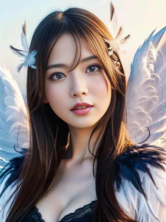 (A Ultra cute young Japanese Angel:1.75), (She has real Angel wings:1.75),(she wearing a decorated with feathers and lace holy angel costume slim fit:1.75),(She is an angel floating in the air on the lake:1.5),(beautiful detailed eyes:2.0),beautiful detailed lips, (extremely detailed cute face:2.0), longeyelashes, (slender woman body:1.75), (beautiful short hair:1.5), (natural makeup:1.2),big smile, incredibly beautiful skin,(professional lighting, bright lighting, photorealistic, 8k, high resolution, best quality, masterpiece, ultra-detailed:1.75), vivid colors, (Moonlit Night:1.5),(The moonlight shines on her face:1.2)