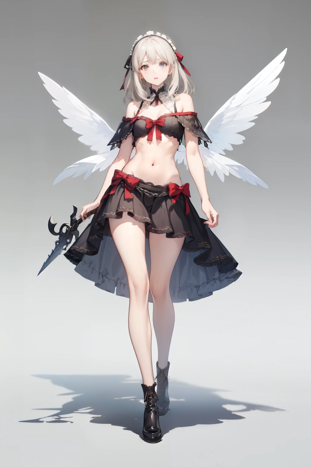 ((best quality)), ((masterpiece)), (detailed), 1girl, off-shoulder, Character design, female, dynamic poses, long white grey hair, grey white eyes, small frame, very skinny, detailed, best quality, no accesoires around the neck, no shoes, prominent collarbones, skinny arms, flat stomach, visible hip bones, full body, blank white background, plain background, white background, red and white clothing, Bloodborne inspired, occult aesthetic, occult, detailed and intricate steampunk and detailed gothic, NSFW, Very dramatic and cinematic lighting, cosmic horror, grim-dark, side-lighting, perfect face, NSFW, Fluttering lace flared long knee length dress with frilly petticoats, knee length dress, pleated petticoats, petticoats gothic, complex lace boots, side-lighting, gothic ta aesthetic, wielding a mighty sword with mechanical components, various different types of insect wings, NSFW, full body, whole body, body, plain background, white background, blank background, no background, white background NSFW, chains, full body, whole body, head-to-toe NSFW