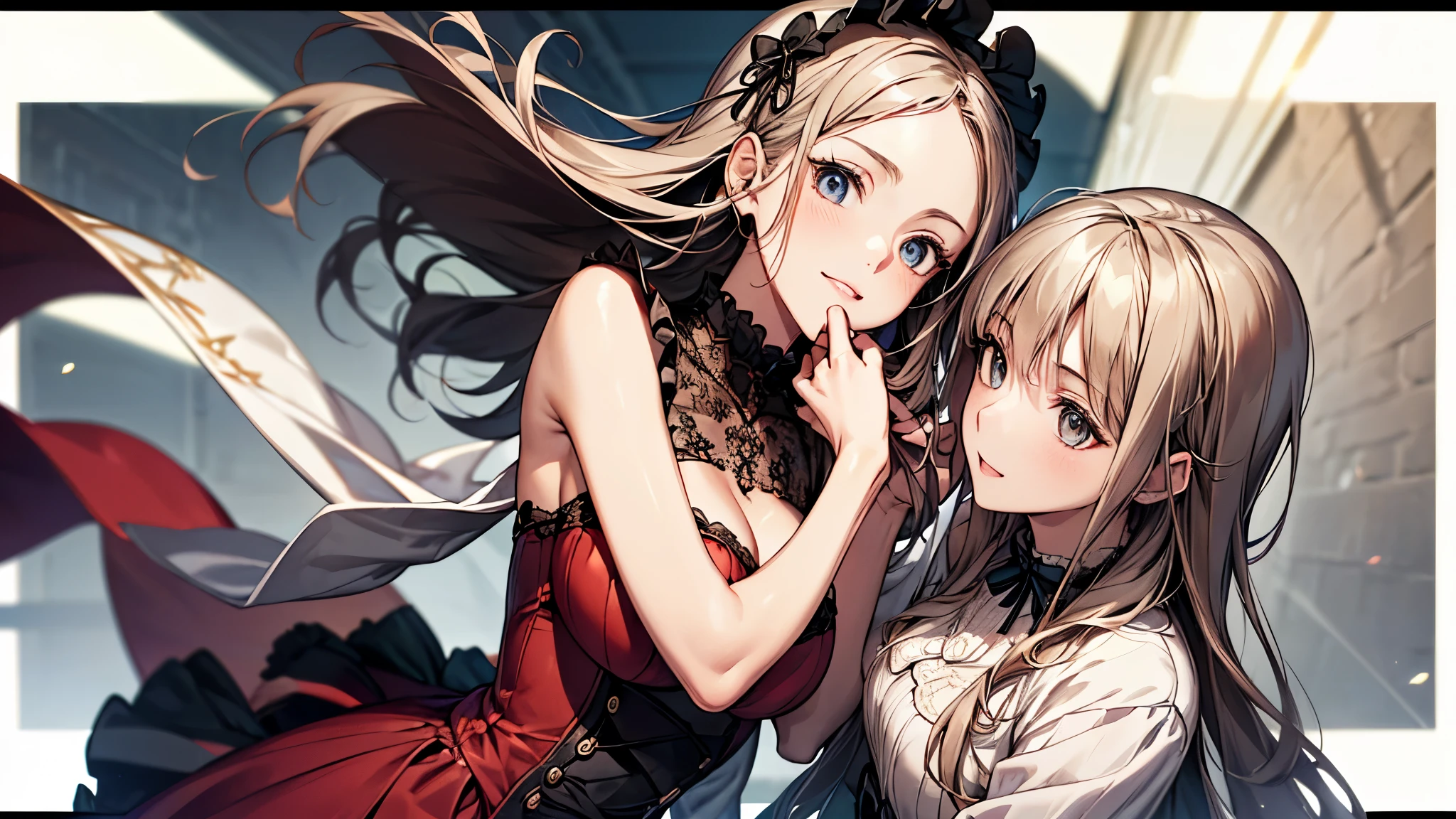 ((Biologically correct limb count))、((whole body including face))、4K、Masterpiece、((Focus on the face))、((Symmetrical, well-proportioned facial features))、Eyes with delicate depictions、(((1 person)))、Beautiful woman、Outstanding style、Slender Body、((Headband、Gothic ta、Red Dress、(High heels)))、(smile)、(Close-up photo of the upper body)、High angle、Stop and look up、Photo with white border