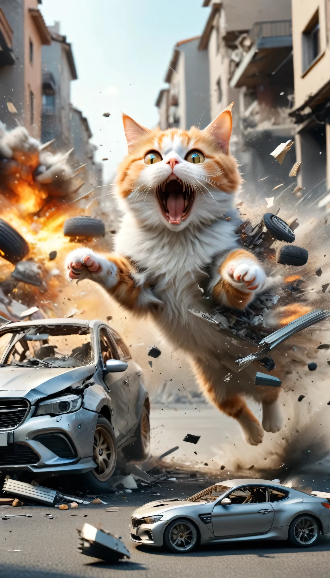 Surprised cat portrait, A car explodes in the background, High-definition RAW color photos, 8k, ral-vlntxplzn,  