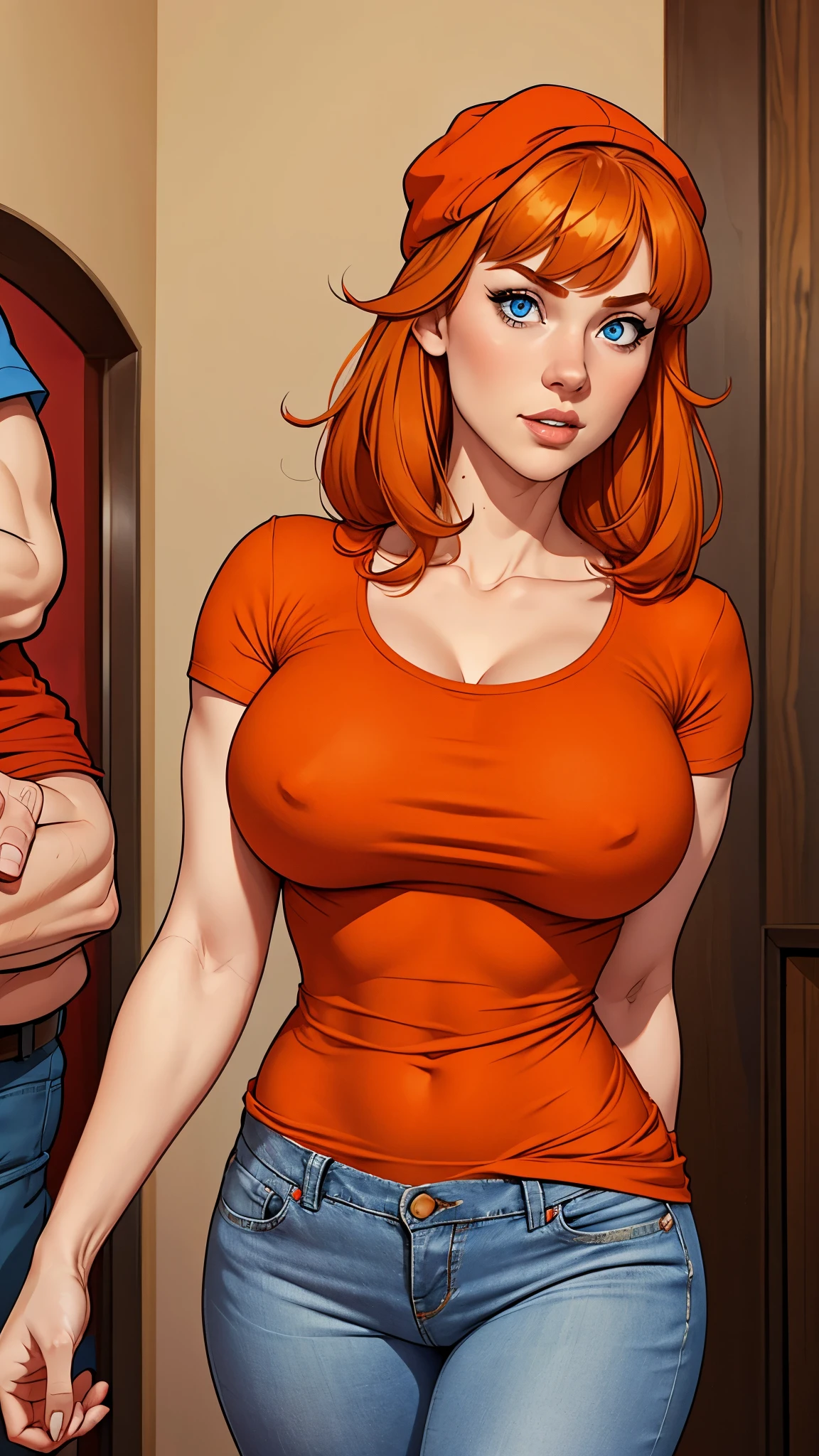 girl, white skin, medium-short height, medium orange hair, with unruly bangs. blue eyes. She was wearing a jeans, red t-shirt, beige cap. She had a bow. Party dress. busty. Comic style.