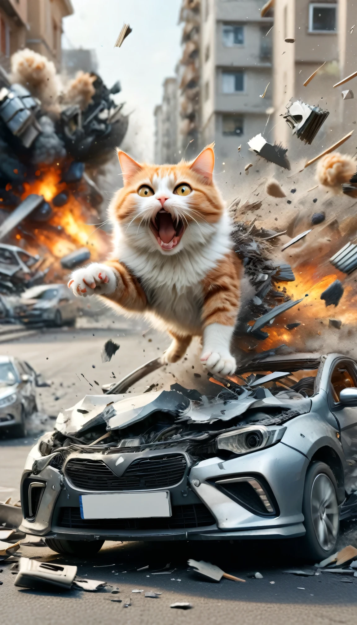 Surprised cat portrait, A car explodes in the background, High-definition RAW color photos, 8k, ral-vlntxplzn,  