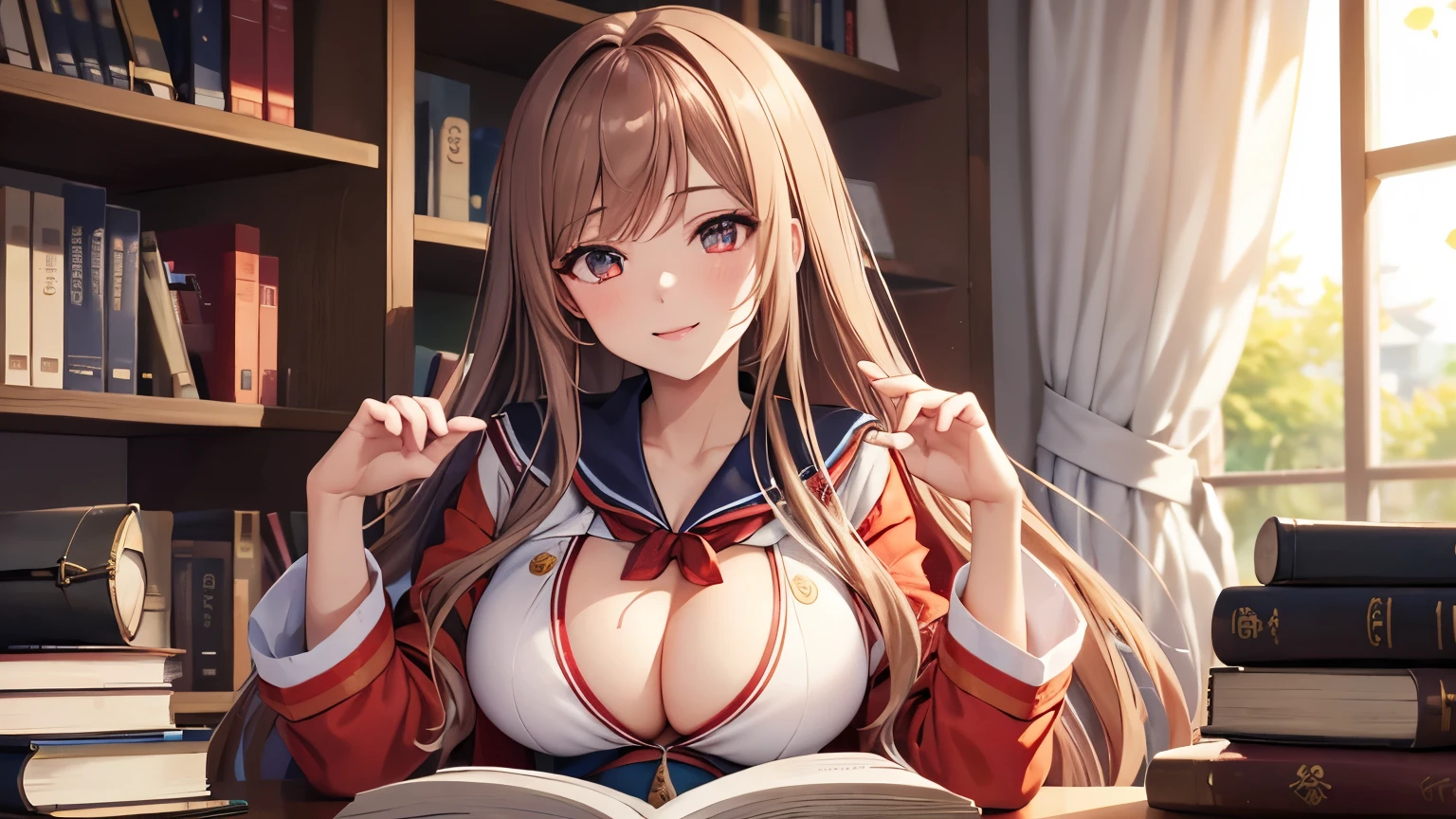 game , Nikke, the goddess of victory, Neat , Light brown hair, Captivating eyes ,Beautiful Face , Crystal Red Eye , Long Hair, ((Sailor suit)), Cleavage,G-cup breasts, Narrow waist, Captivating thighs, 5 fingers on each hand, both hands ,2 Foot , At the office, Seductive pose , Beautiful smile,Reading a book