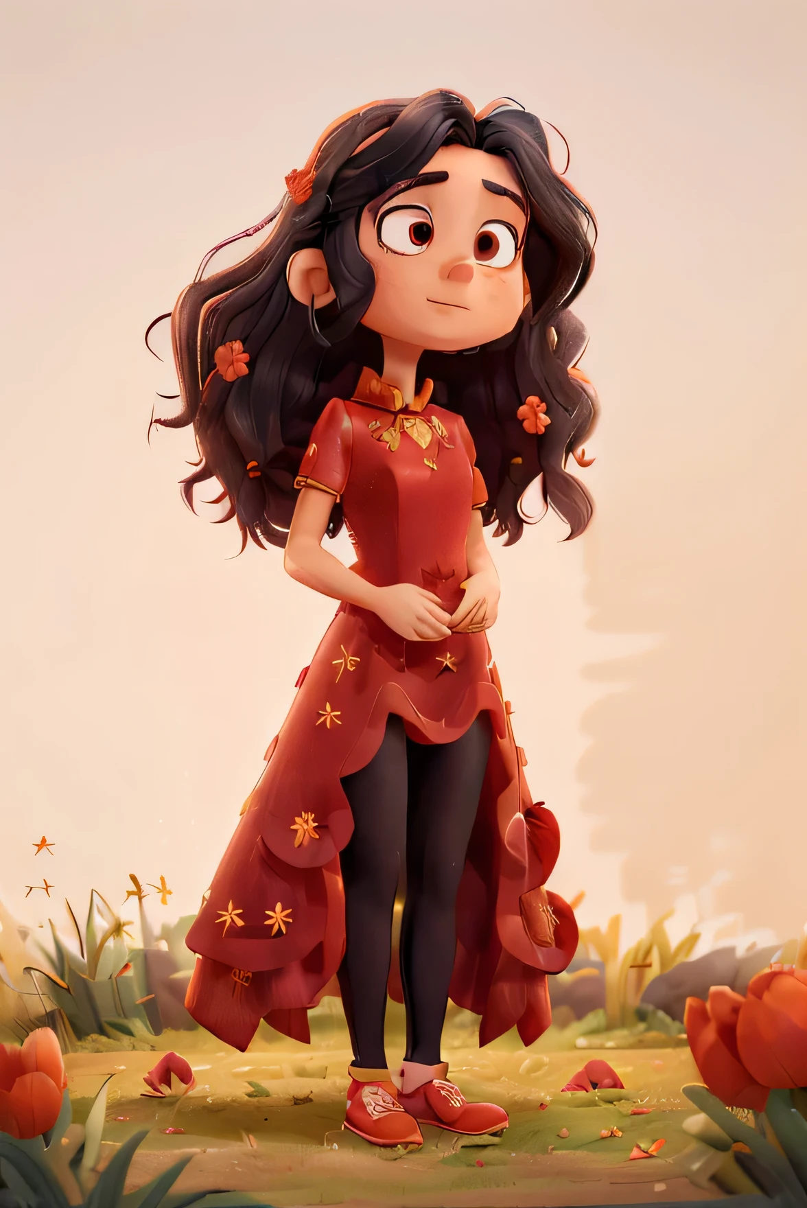 ((detailed scene)) ((a red flowered gown with leggings)) ((a single dress for the character)) ((a quiet girl)) (( long flowing black hair ))((gentle brown eyes)) ((she stood on a grassy path)) ((scared))