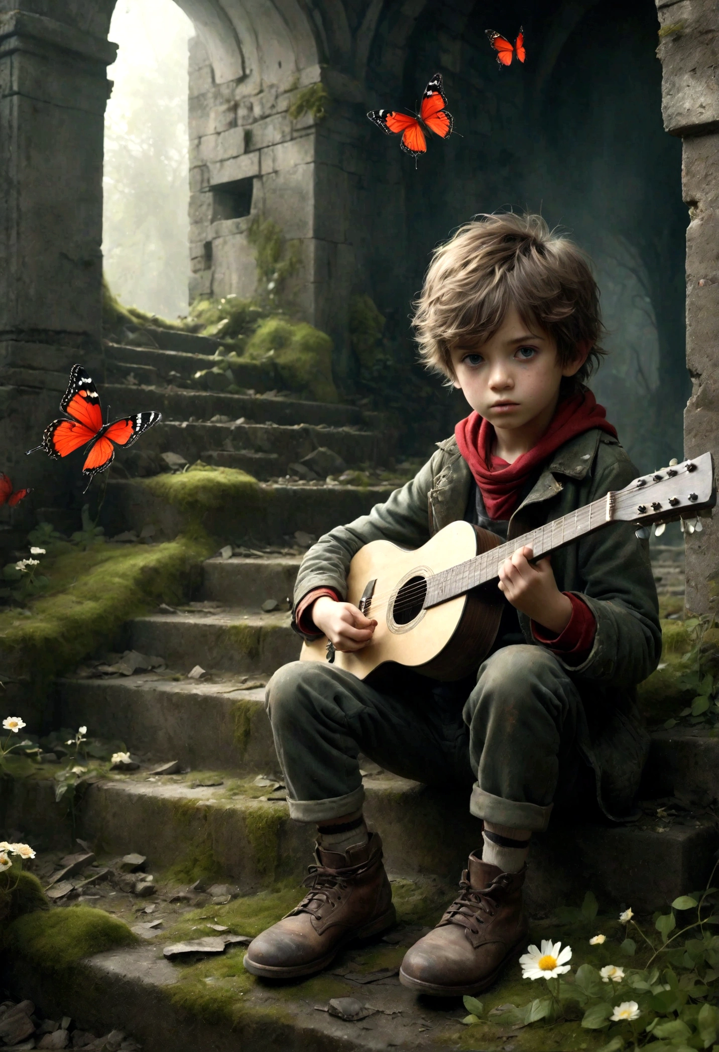 cannon fire， playing guitar in ruins, depressed, Eyes gaze，Dirty face，desolate, moss covered, Dilapidated, dirty, (best quality,4k,8K,High resolution,masterpiece:1.2),Extremely detailed,(Practical,photoPractical,photo-Practical:1.37),Dark Fantasy,severe,Mood lighting,Dramatic shadows,Movie,moody color palette,Soft Tones,Rubbish,rot,weathered，tattered，Small white flowers，Dungeons，cemetery，Black and Red，There is a broken bowl in front.，Footprinting，stairs，vine，rainwater，A colorful butterfly（black white red green wings），A group of transparent wandering souls， Ghost