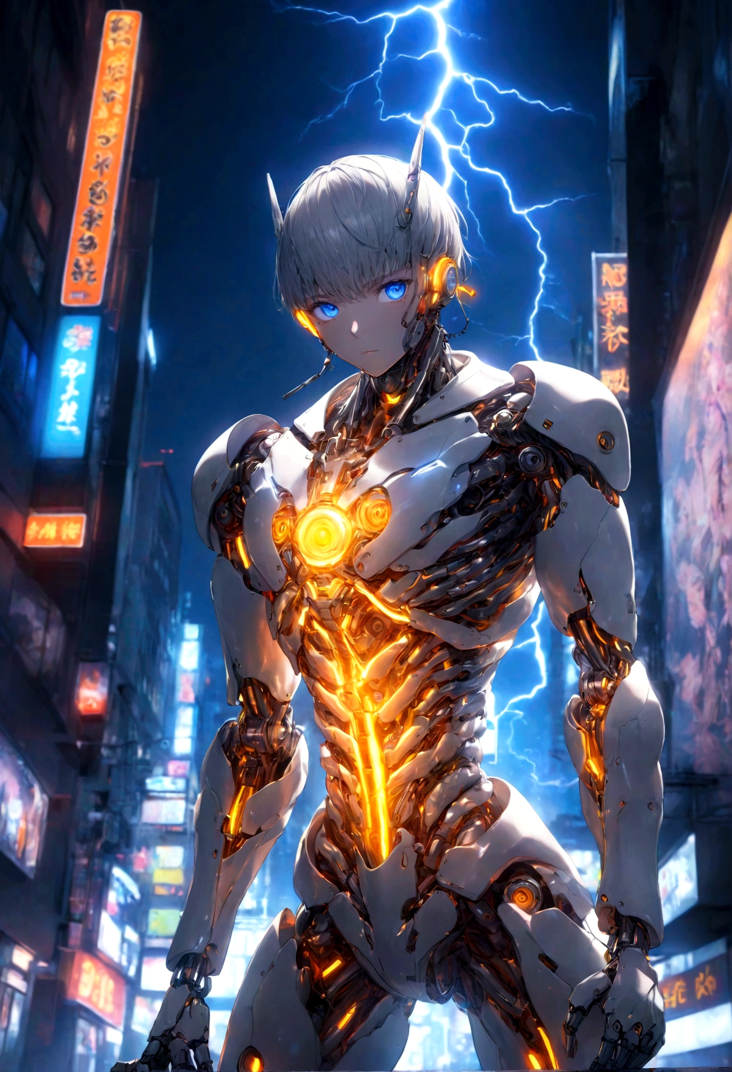 masterpiece, naruto cyborg mode, complete machine body, intricate details, advanced technology, orange lightning, detailed armor, bionic enhancements, neon lights, vivid colors,  contrasting shadows, blue eyes, urban setting, night background, High-contrast lighting, thick line, blur effect, surreal, 4K resolution