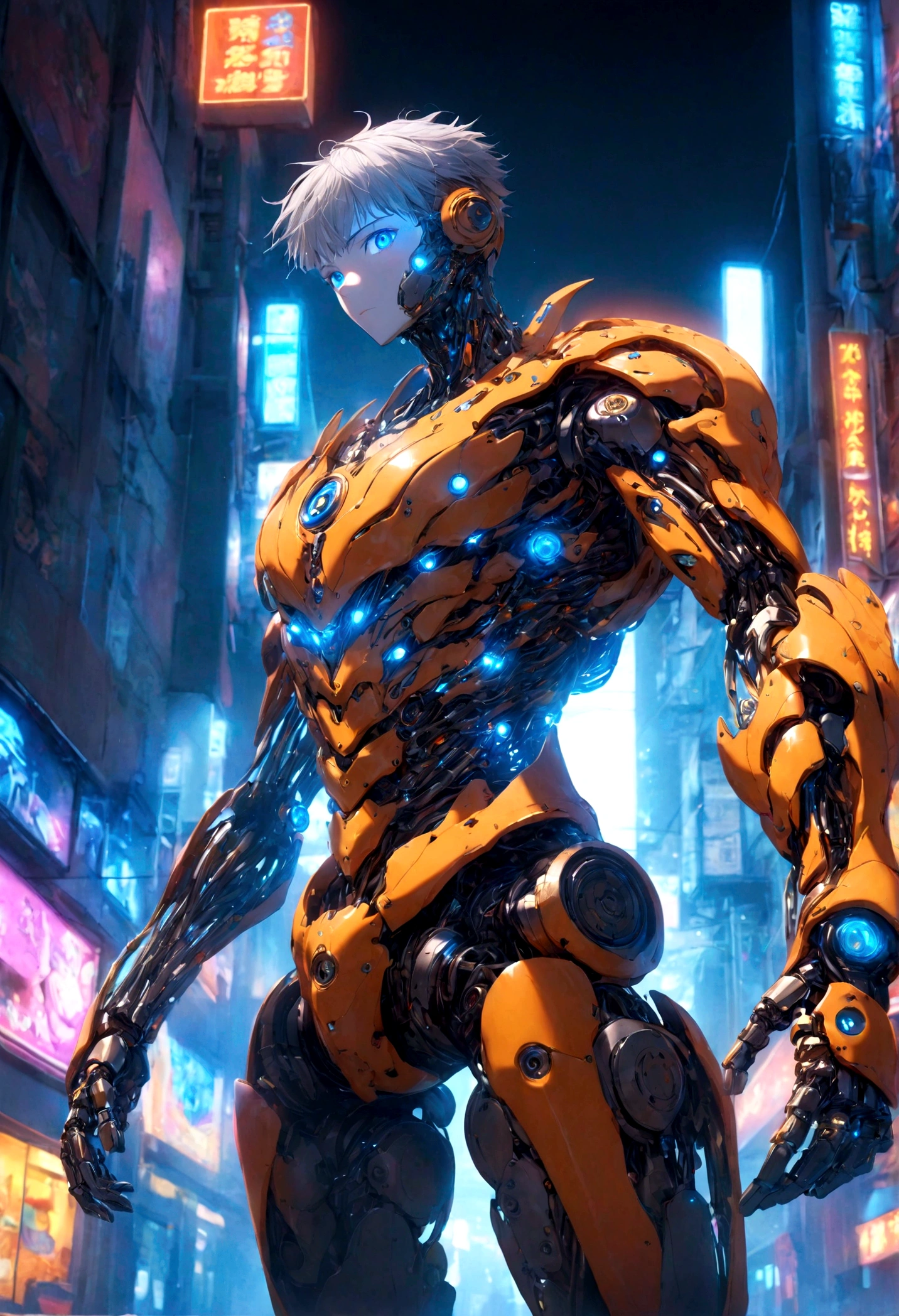 masterpiece, naruto cyborg mode, complete machine body, intricate details, advanced technology, orange lightning, detailed armor, bionic enhancements, neon lights, vivid colors, contrasting shadows, blue eyes, urban setting, night background, High-contrast lighting, thick line, blur effect, surreal, 4K resolution