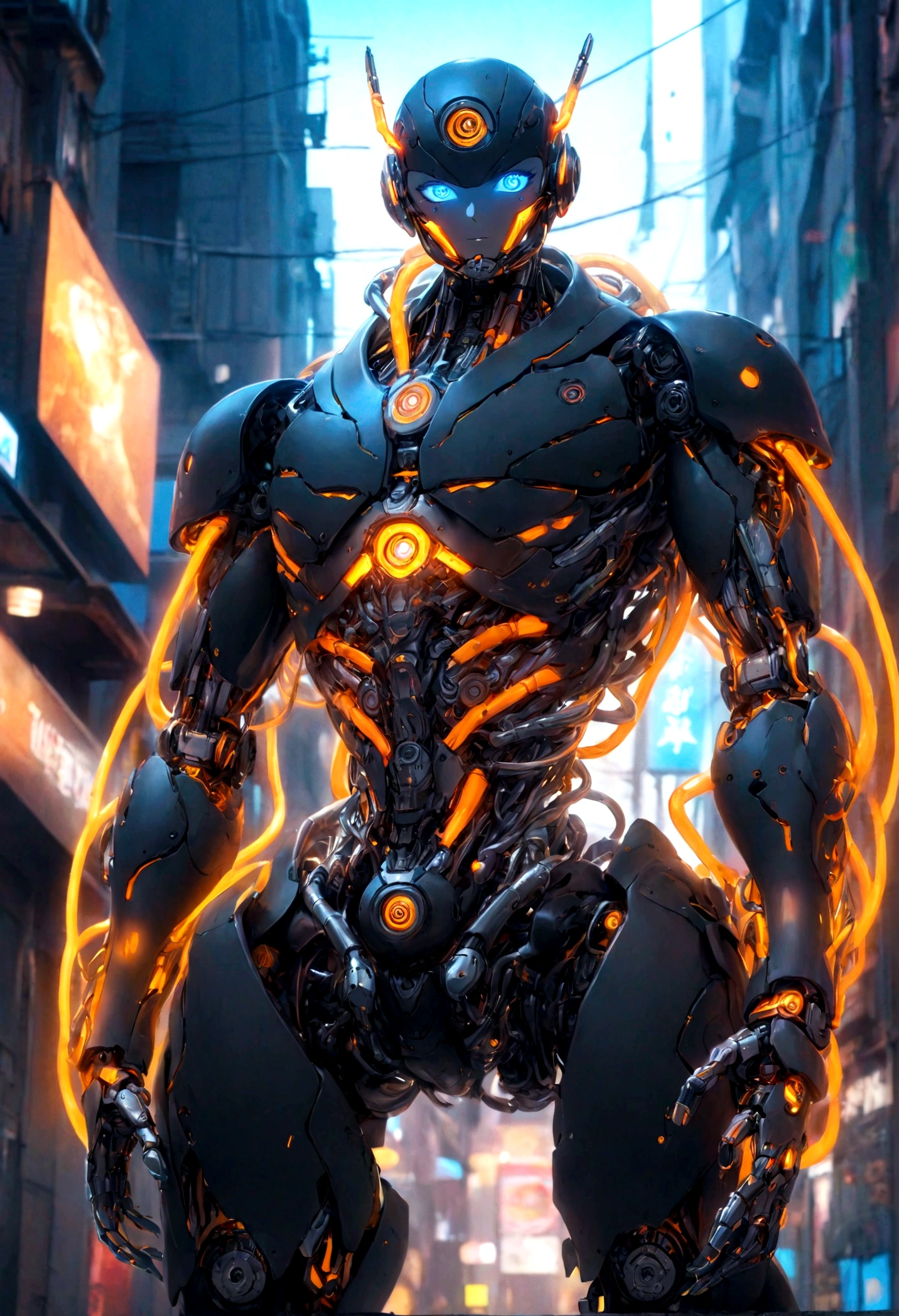 masterpiece, naruto cyborg mode, complete machine body, intricate details, advanced technology, orange lightning, detailed armor, bionic enhancements, neon lights, vivid colors,  contrasting shadows, blue eyes, urban setting, night background, High-contrast lighting, thick line, blur effect, surreal, 4K resolution