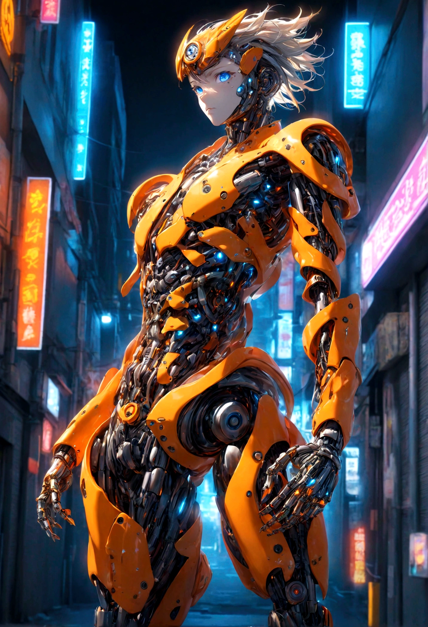 masterpiece, naruto cyborg mode, complete machine body, intricate details, advanced technology, orange lightning, detailed armor, bionic enhancements, neon lights, vivid colors, contrasting shadows, blue eyes, urban setting, night background, High-contrast lighting, thick line, blur effect, surreal, 4K resolution