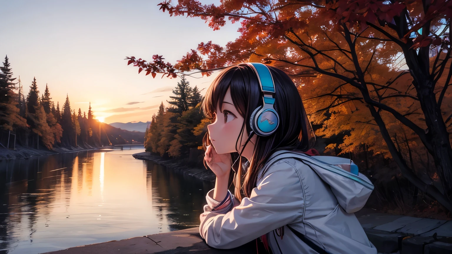 girl wearing headphones waiting for sunset in front of beautiful river. there are maple trees beside the river.