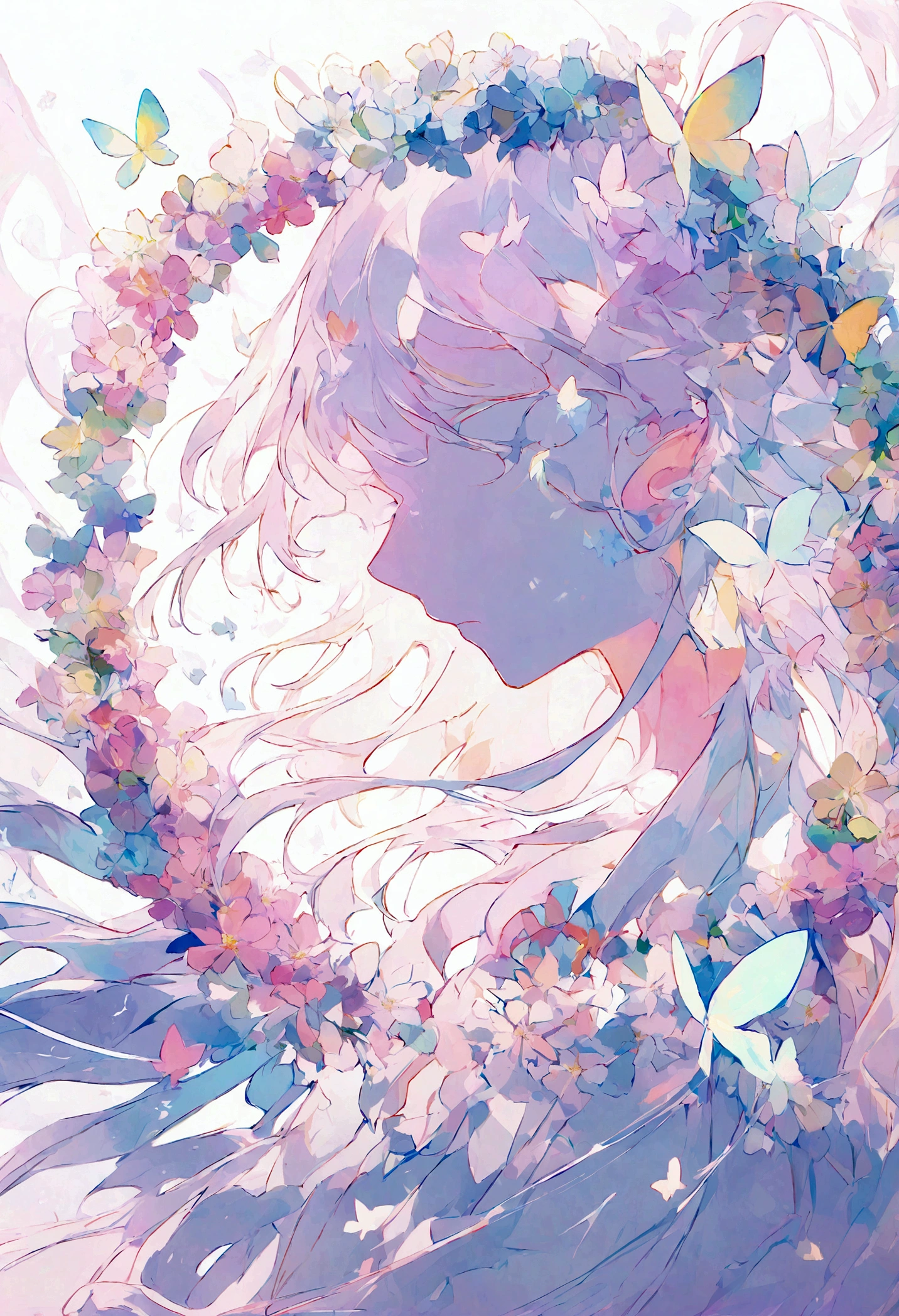 The foreground is a dreamer, highlighting lines and minimalist style in the state of white transparent gauze; The background features flowing flower wreaths, butterflies, and small celestial bodies, using an abstract sci-fi style Moranti color scheme