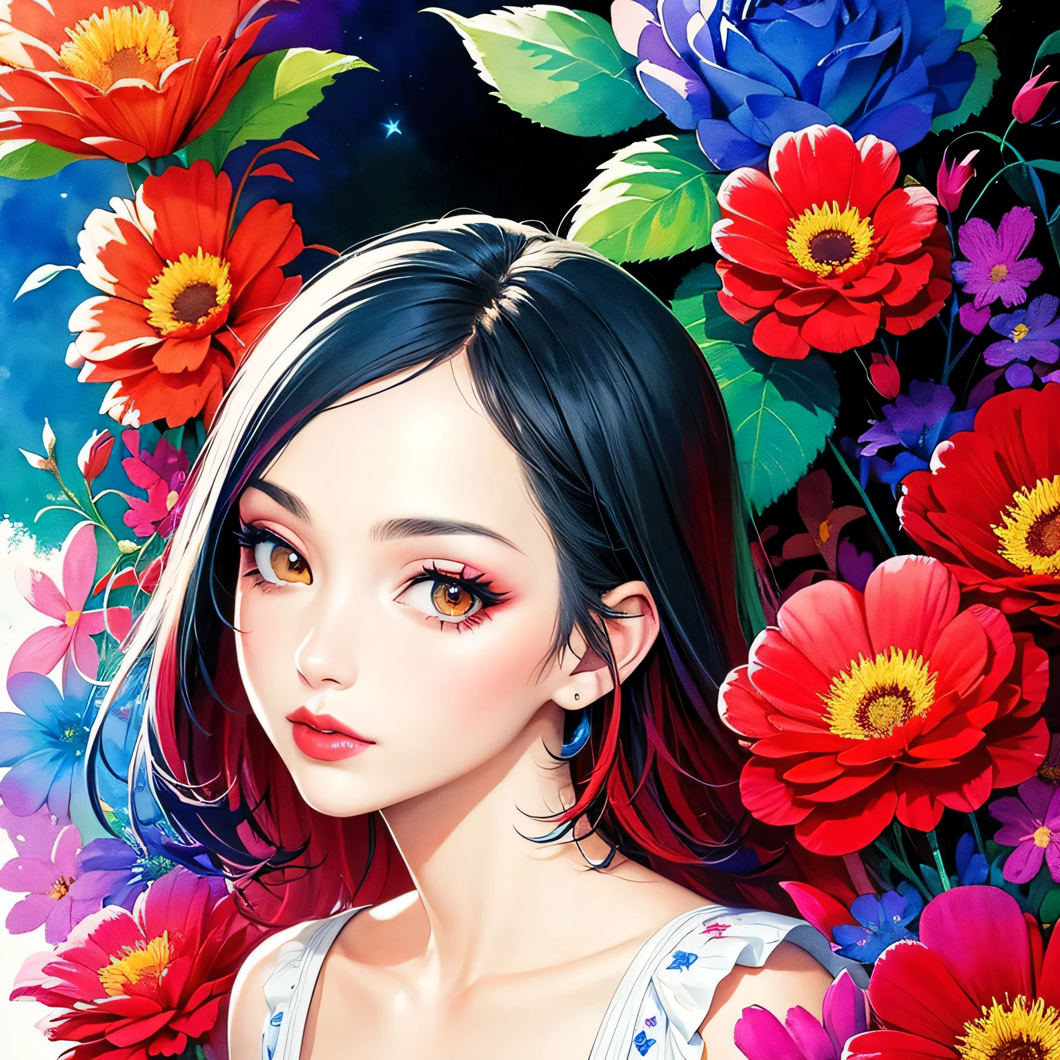 Black Star Red and White Style、(((stylish fashion))), 8K Quality、Intense watercolor, Detailed watercolor art, Watercolor splash, Surreal, avant-garde pop art, Beautiful and expressive paintings, Beautiful artwork illustration, Very colorful tones, wonderful, Cool beauty, highest quality、Official Art, Vector art, Stylish design, (((The most beautiful girl))), (((highest quality))), HDR, ((detailed)), (((Doodle Art)), ((masterpiece)), ((Super detailed)), (((Colorful flowers))),(((Stylish))), Lips in love, Hopes likely