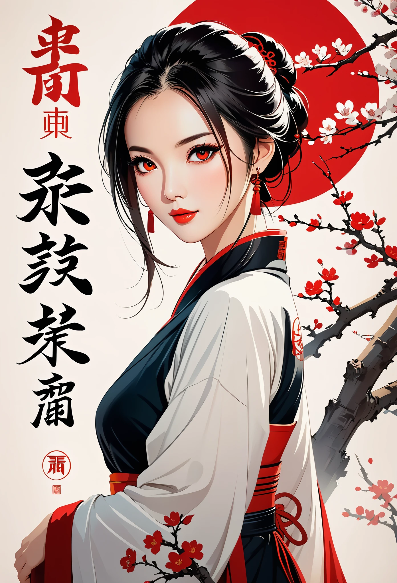 (best quality, Poster Style), A beautiful woman (A red eye:1.2),(Meaningful Chinese characters:1.1), Perfect combination of elements.