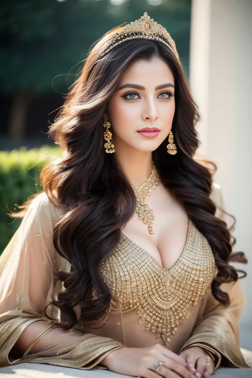 side portrait of A confident-looking indian woman with long flowing hair, hazel eyes, with flowing cape and see through saree, wearing designer jewellery, designer royal gown, a crown on head, visible c-cup breast sitting on royal garden, palace background, bokeh perfect composition, hyperrealistic, super detailed, 8k, high quality, trending art, trending on artstation, sharp focus, photo shoot, intricate details, highly detailed, art by greg rutkowski
