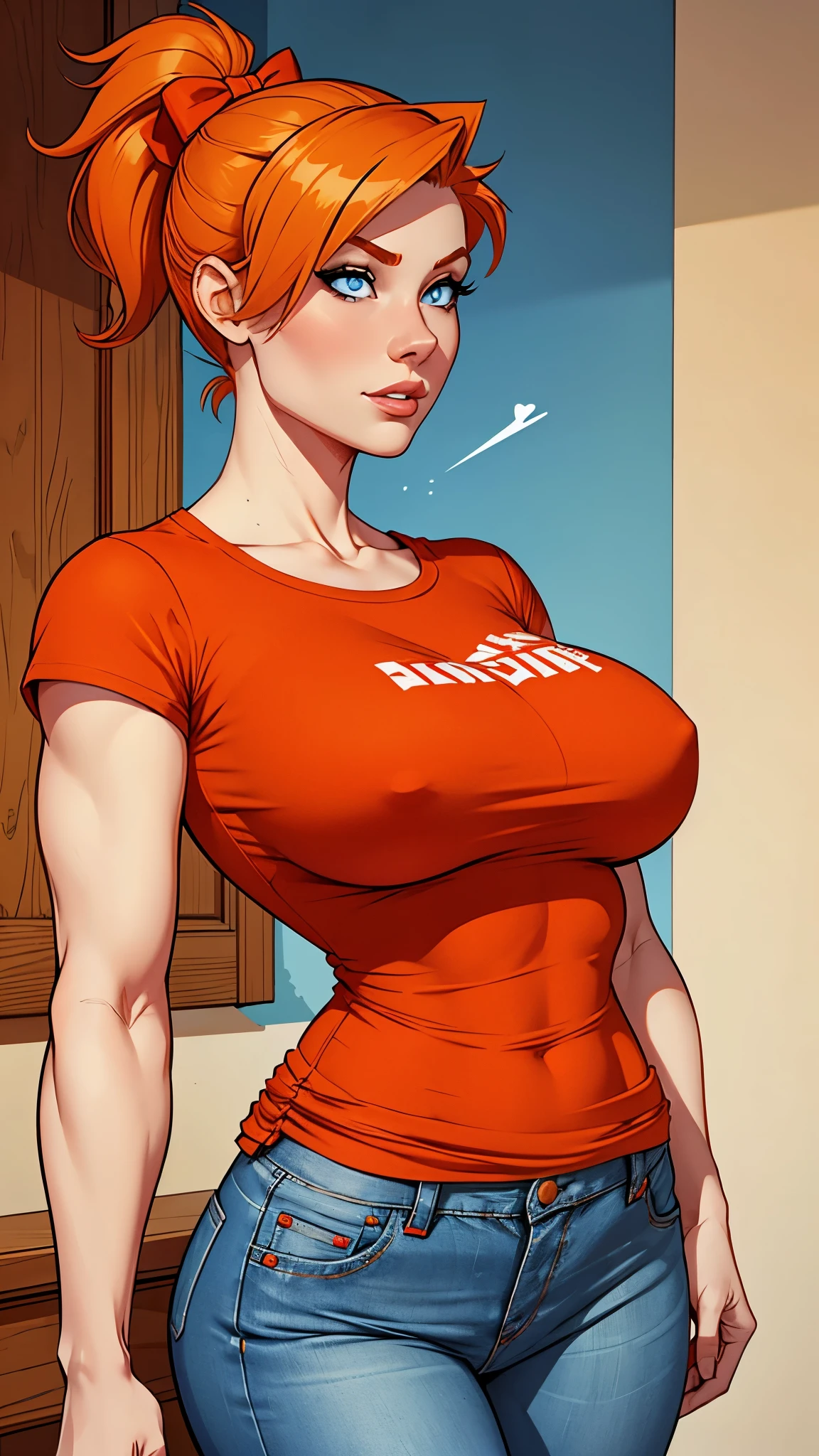  girl, white skin, medium-short height, medium orange hair, ponytail hair. blue eyes. She was wearing a jeans, red t-shirt, beige cap. She had a bow. Party dress. busty. Comic style. 