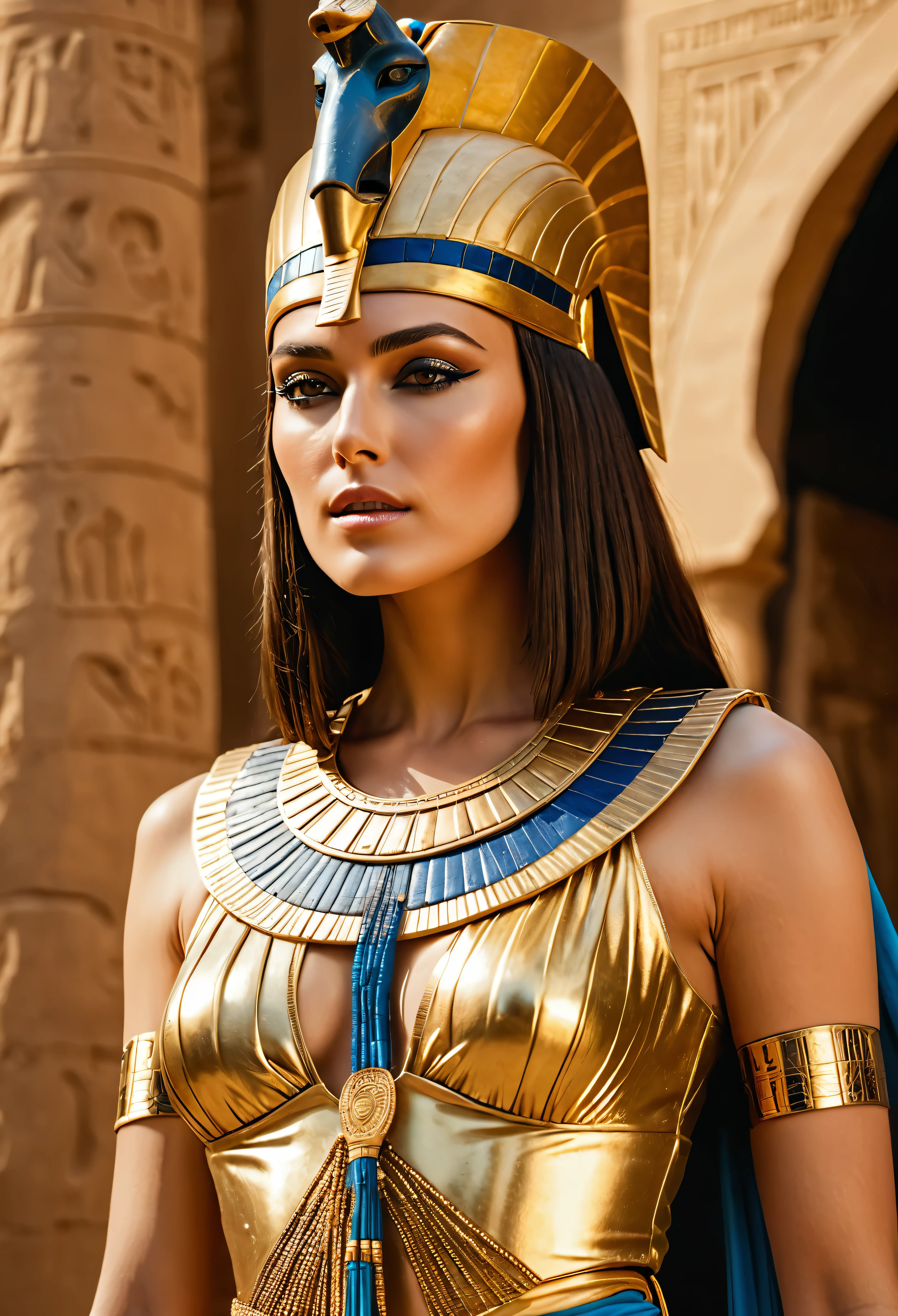 Cinematic portrait, professional cinematography, looks like Keira Knightley, a close up of a pharaoh woman in a gold outfit with an egyptian mask, beautiful cleopatra, insane details, egyptian princess, cinematic goddess close shot, cleopatra, extremely beautiful lady, cinematic goddess body shot, cleopatra portrait, goddess, stunning beauty, extremely high detail, egyptian, cleopatra in her palace, cinematic goddess shot, egyptian style, extremely detailed goddess shot, beautiful Egyptian goddess, gorgeous and beautiful pharaoh, portrait of cleopatra, uhd, 8k, 32k, sharp, intricate, highly detailed, detailed Beauty,hdr, cinematic vision, flawless picture, ancient Egypt environment in background 