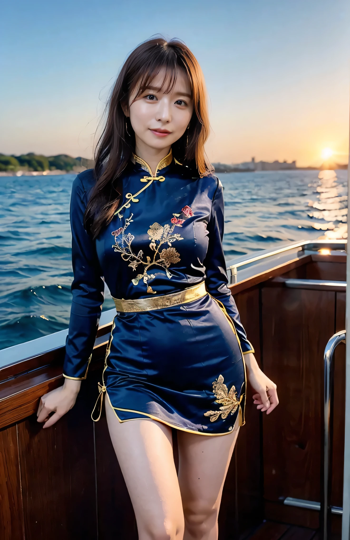 The sky turns red、A gorgeous gold embroidered Chinese dress、hair ornaments、Tie your hair elegantly、Gorgeous silk cheongsam、((Standing on a boat and posing sexy、Luxurious and shiny navy-colored Chinese dress with embroidered long skirt:1.4)).A luxurious and shiny silk cheongsam、A luxurious navy blue cheongsam with embroidery、Woman standing on a boat、Light brown hair、Elegant hairstyle、Blue Eyed Woman、A woman with a cute upward gaze、When the sky gets dark、The gentle light of the ship shines、The sky turns red as the sun sets、Tight clothing that shows your body lines、、Elegant navy blue summer knit、Elegant black summer sweater、Short skirt、Dress elegantly着こなす、Luxury Bagedium Shorthair:1.4))、Skyscrapers seen across the sea、Manhattan 私sland is visible offshore、Woman on a sightseeing boat、、The sun shines on her、Light brown hair、Light brown hair、The sky was dyed red、There are clouds、private's cute、An elegantly dressed woman is sitting on a boat and watching the sunset、Her ample breasts are obvious even through her clothes..、The shining sun is so beautiful、Dusk is approaching、Lens flare、I can see the sunset、((Sunlight reflecting off the ocean、Ocean View、The sun shines on the sea、'beautiful.、Small earrings、private'evening、Birds are also flying、、Brown Hair Color、Tying up hair、The woman is on the right:1.4))、Luxury Leather Belts、Shiny clothes、Light beige hair color、Background Blur、Braid only the front hair、Light brown hair、{{Cowgirl Shot}}、((Close-up shot from the waist up、Ample breasts:1.4))、Smile、Silk clothing、Ample breasts that can be seen even through clothes、Braid only the front hair、Cowboy Shot、Gorgeous white collared silk shirt and brown skirt、Dress elegantly、Luxury Bags、A lovely smile、((Ample breasts))、Full body photo、ring、Short skirt、Tuck your hair behind one ear、Silver Necklace、smile、 Elegant ponytail、Caustics、Highly detailed photos、Very beautiful and ideal short hair、Super no makeup、(8k、RAW Photos、highest quality、masterpiece:1.2)、(Realistic、Realistic)、1 girl、((Medium Short Hair、Looking into the camera:1.4))、Hair blowing in the wind