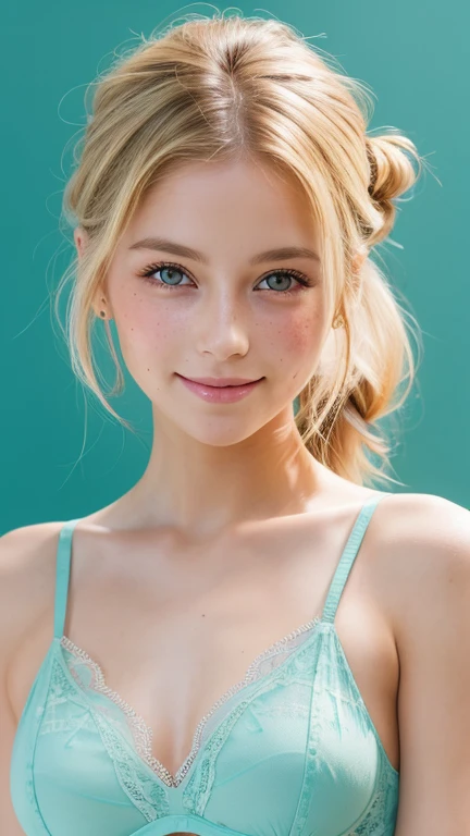 watercolor sketch of beautiful female, looking at camera, centered portrait head and shoulders, beauty, slim perfect face, natural look, playmate, blonde, hair tied in a bun, supermodel , color sketch, freckled skin, cyan eyes, archaic smiling, see-through light green lace brassiere, in photo studio
