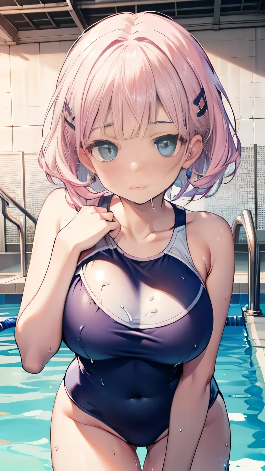 (Highly detailed CG Unity 8k wallpaper),(masterpiece), (highest quality), (Super detailed), (Best illustrations),(Best Shadow), Large Breasts White and pink gradient hair Doing exercises by the school pool School Swimsuit Wet Being watched by men Embarrassed expression