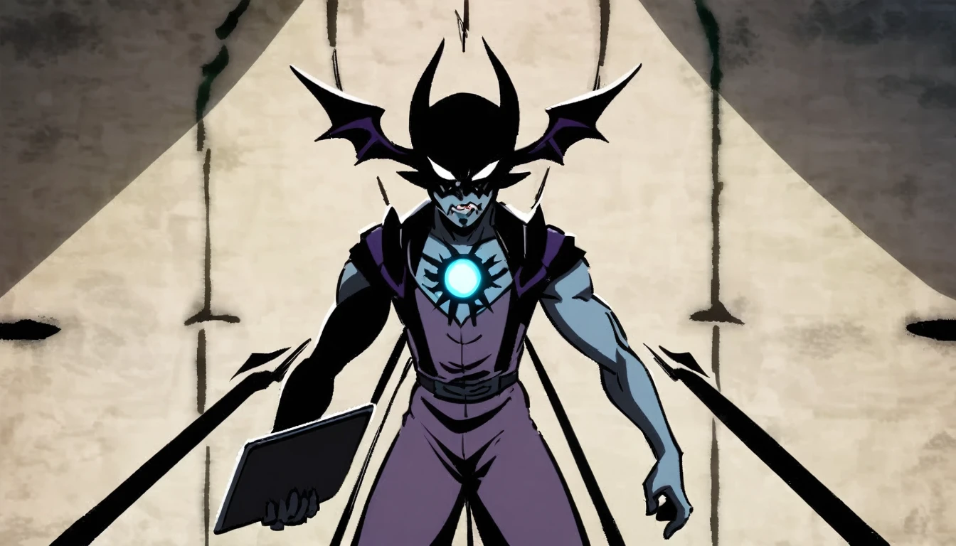 high school student summoning a demon with his arm laptop, in the cathedral of shadows, shin megami tensei style