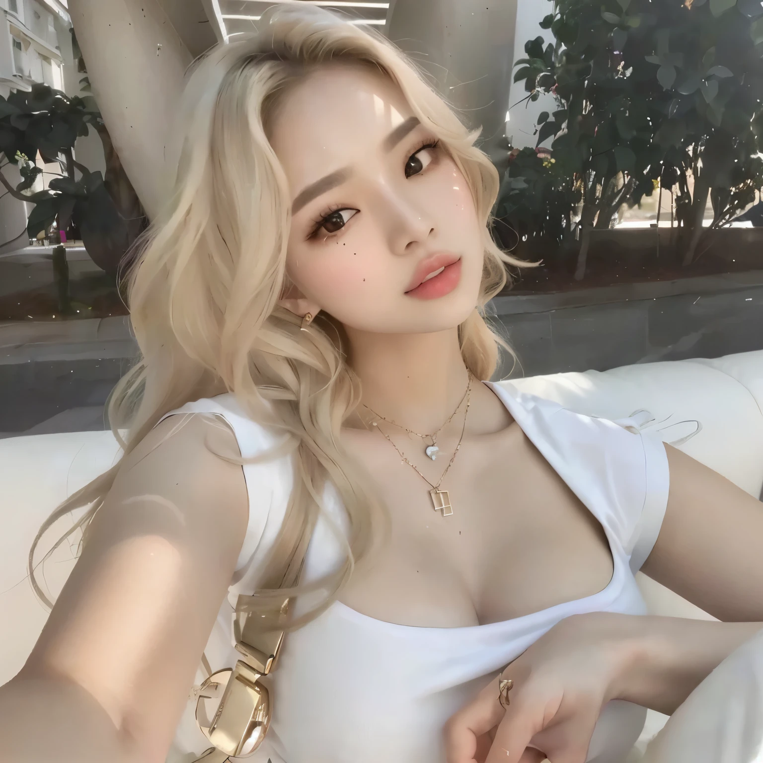 a close-up of a woman sitting on a sofa with a necklace,  coreana, gorgeous young mulher coreana, beautiful young mulher coreana, beautiful  Asian, mulher coreana,  Asian, Ulzzang, garota jovem e fofa, modelo do instagram, pele clara cabelo loiro cacheado, boa jovem, adorable face, foto em tamanho real