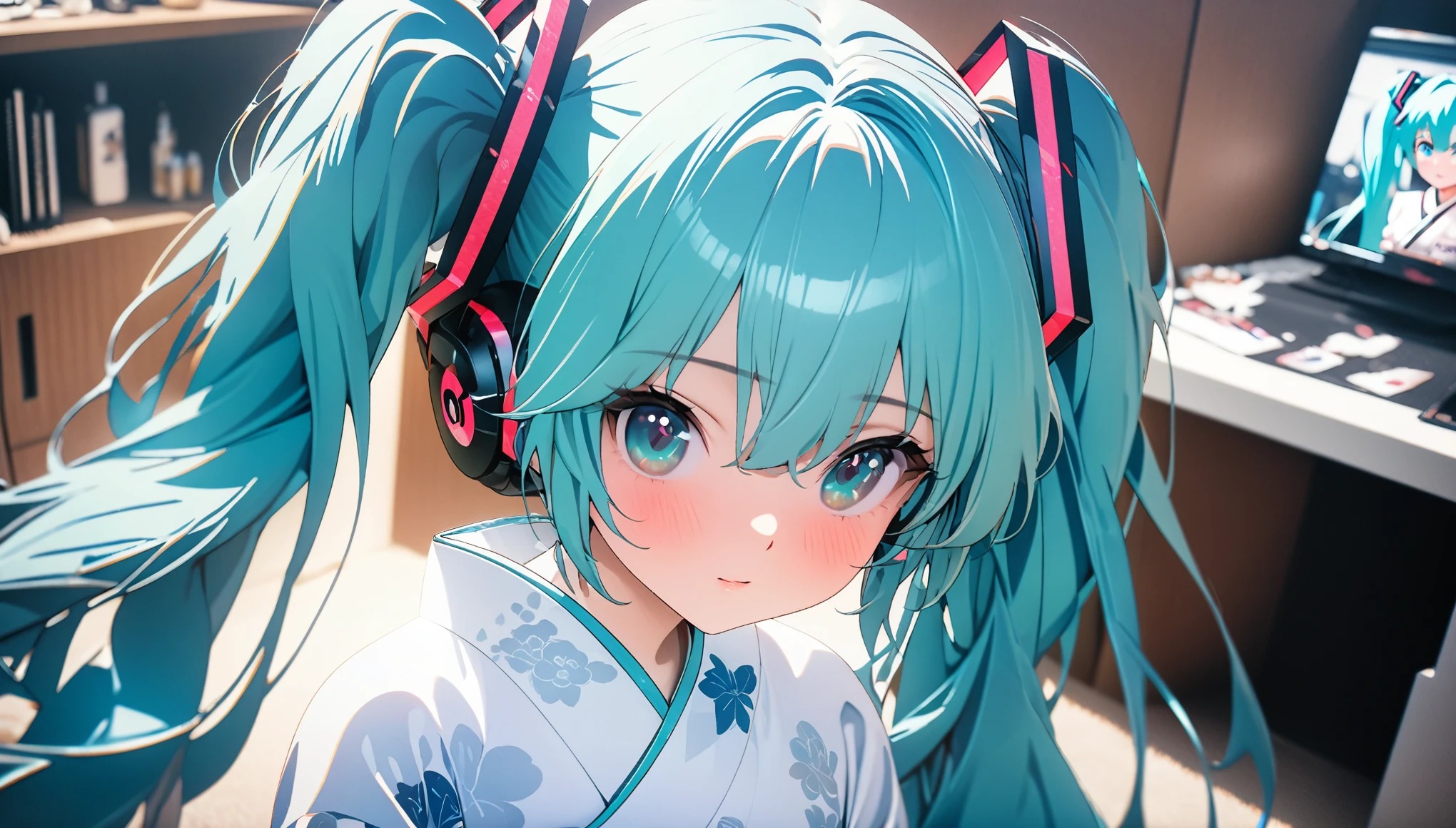 a girl, cyan hair, twin Side ponytail, cyan eyes, Hatsune Miku, Permanent, kimono, Heart, (8k, original photo, best quality, masterpiece: 1.2), (Practical: 1.6), (masterpiece), (best quality: 1.0), (Ultra-high resolution: 1.0), detail, 1980s,  only one, detail beautiful skin, detail room, Practical skin, High quality CG, fair