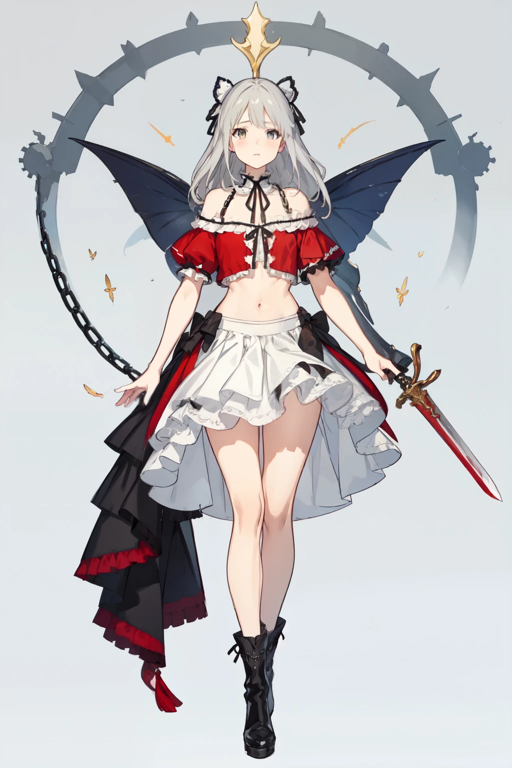 ((best quality)), ((masterpiece)), (detailed), 1girl, off-shoulder, Character design, female, dynamic poses, long white grey hair, grey white eyes, small frame, very skinny, detailed, best quality, no accesoires around the neck, no shoes, prominent collarbones, skinny arms, flat stomach, visible hip bones, full body, blank white background, plain background, white background, red and white clothing, Bloodborne inspired, occult aesthetic, occult, detailed and intricate steampunk and detailed gothic, NSFW, Very dramatic and cinematic lighting, cosmic horror, grim-dark, side-lighting, perfect face, NSFW, Fluttering lace flared long knee length dress with frilly petticoats, knee length dress, pleated petticoats, petticoats gothic, complex lace boots, side-lighting, gothic ta aesthetic, wielding a mighty sword with mechanical components, various different types of insect wings, NSFW, full body, whole body, body, plain background, white background, blank background, no background, white background NSFW, chains, full body, whole body, head-to-toe NSFW