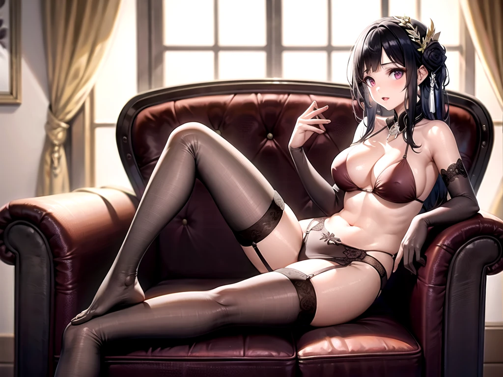 (A superb exquisite Chitanda Eru), Intricate details, Purple eyes, Long black hair, Natural Straight Hair, Straight bangs, alone, Large Breasts, Very delicate, A uniquely beautiful girl,, Luxurious sofa, Delicate face, Bright lips, Narrow waist, Super quality, Highest quality, (masterpiece:1.4), (((bikini,Red Lingerie, garter belt, Spread your legs,Hands are thighs)))