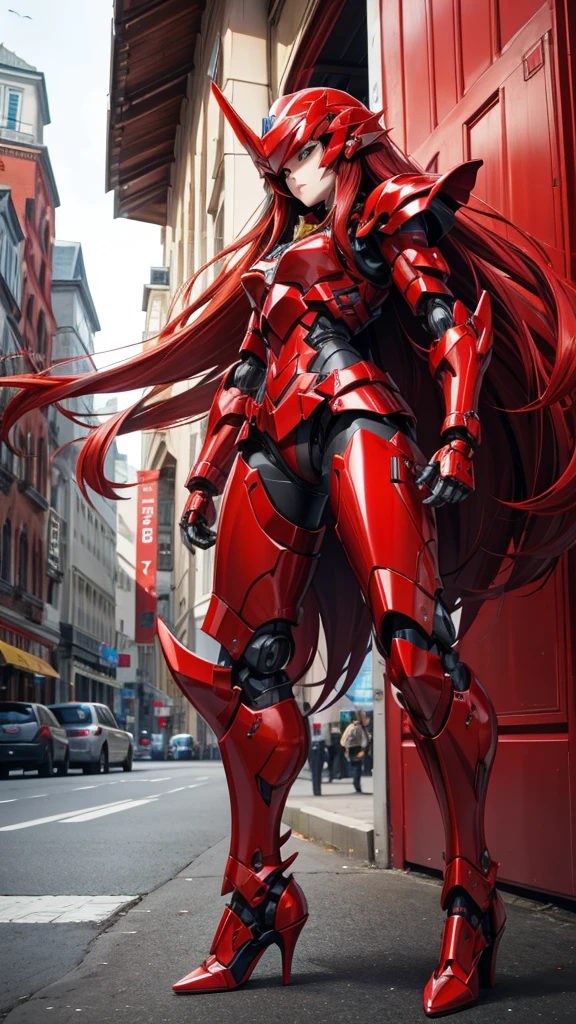 Large red long-haired female robot，helmet，Full body red armor，mechanical joint，Chest，，high heels，front，small city