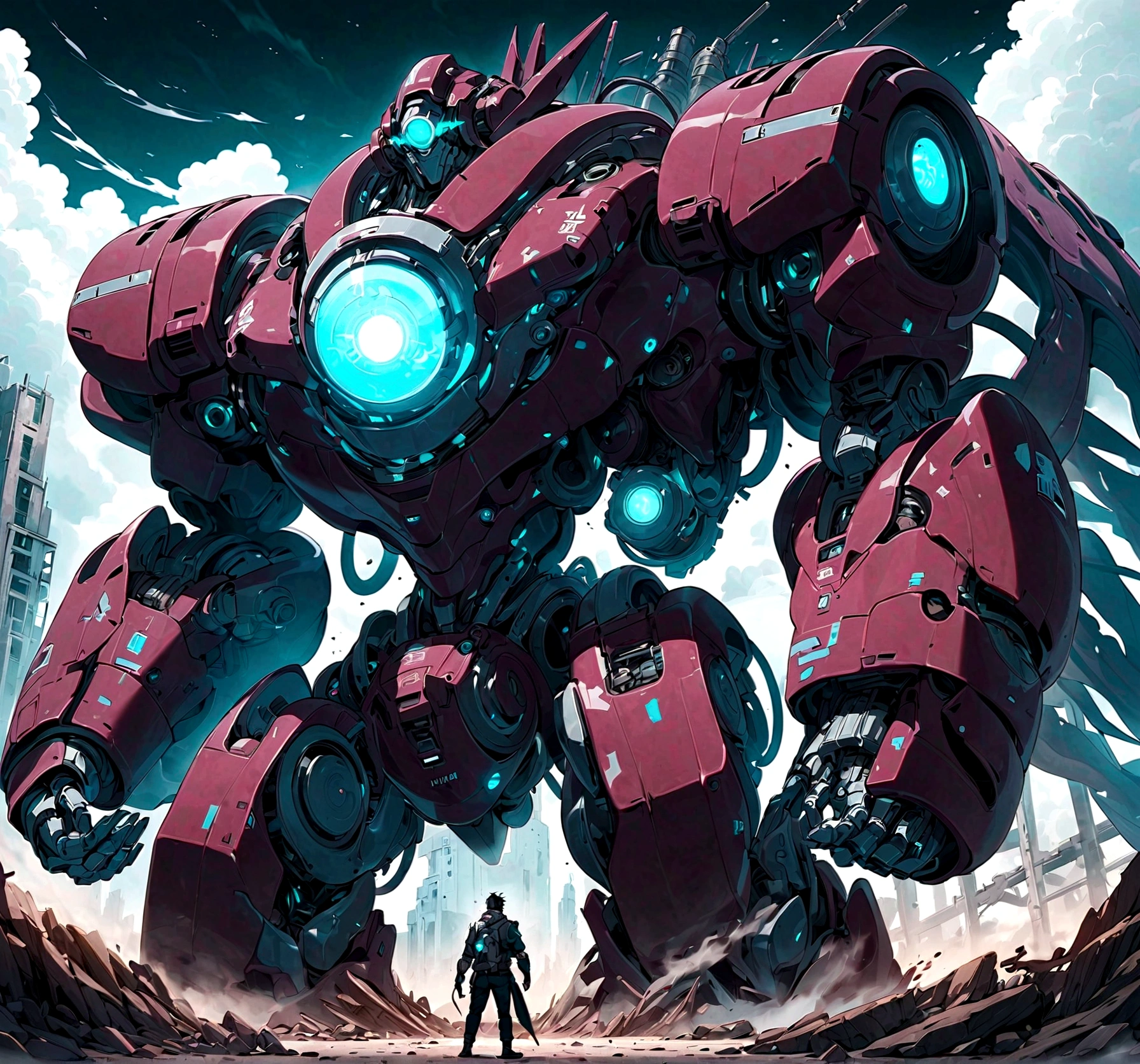 solo, super robot, Evil villains, giant robots that destroy the world, Turquoise blue main color, borken mecha with winds clouds, a Biotechnology mecha with face and glowing eyes, golem creature, dusty dark ruins as background, mecha vore art epic digital painting, epic full color illustration