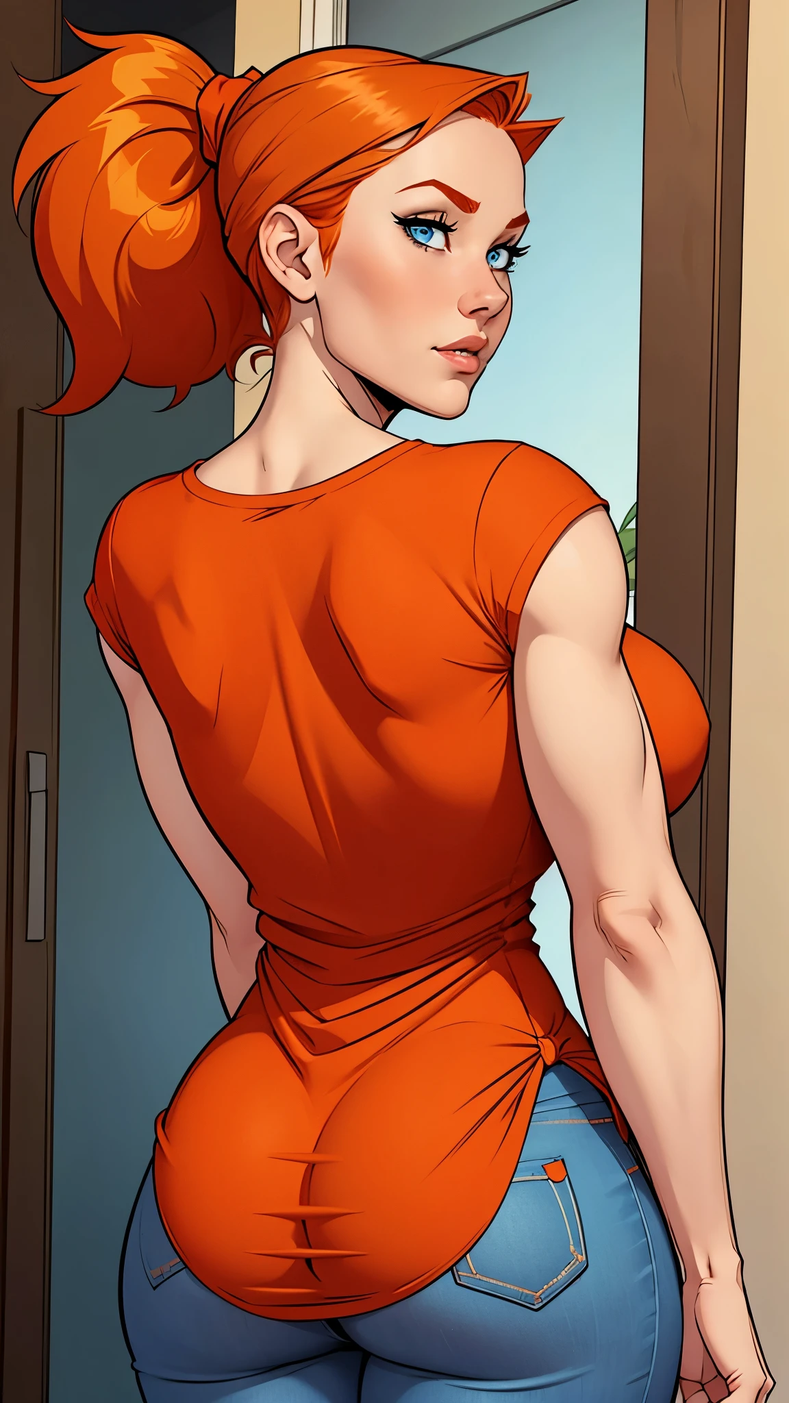 girl, white skin, medium-short height, medium orange hair, ponytail hair. blue eyes. She was wearing a jeans, red t-shirt, she was wearing a cap in her head. She had a bow in her back Party dress. busty. Comic style.