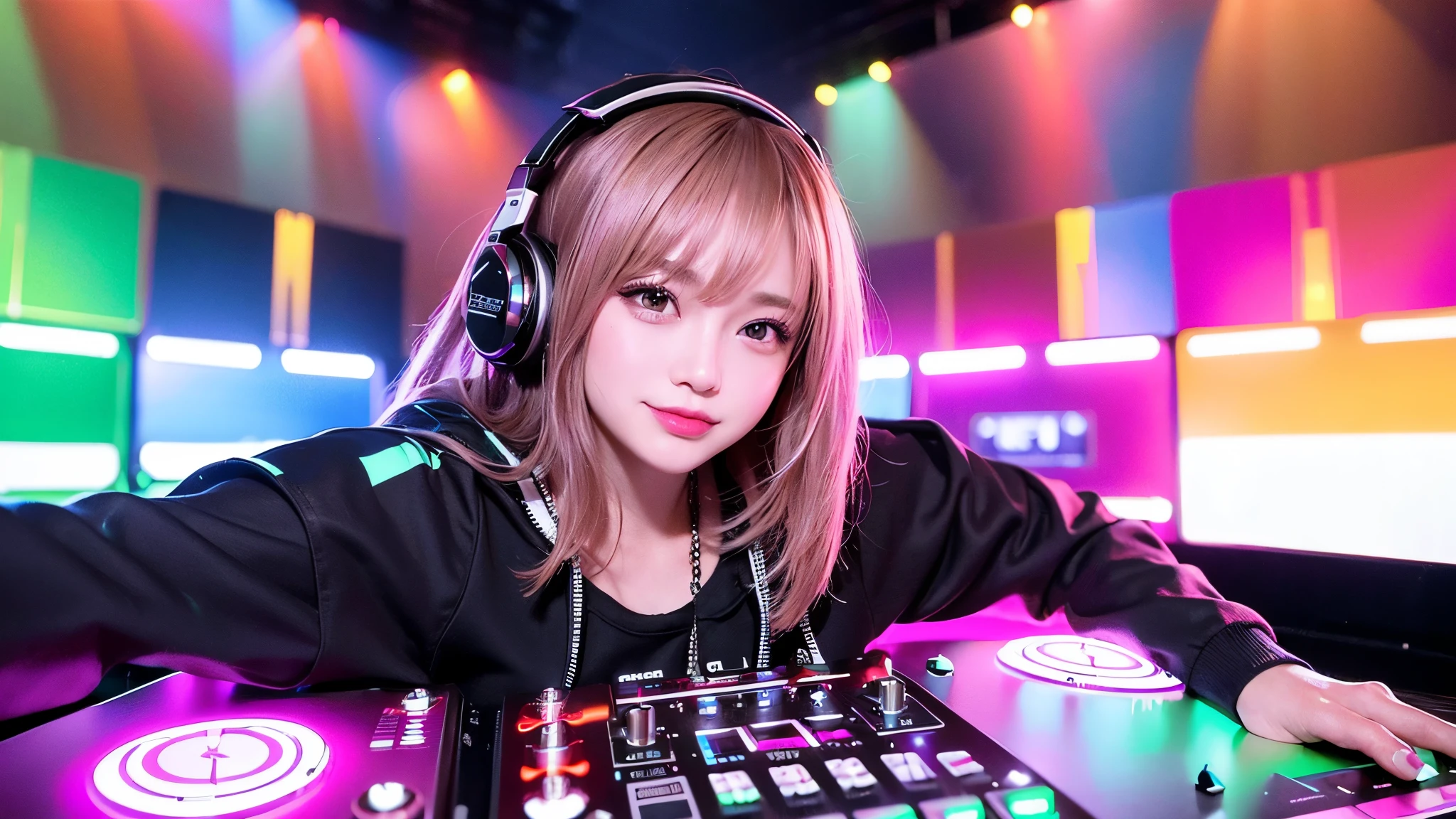 best quality, surreal, super detailed, solo female, dj girl, dj console, dj headphones, real photos, 8k, realistic eyes, detailed face, upper body:1.4, looking at audience, facing audience, disco lights,1 girl,((she is playing the dj console )),Blonde、Long Hair、smile