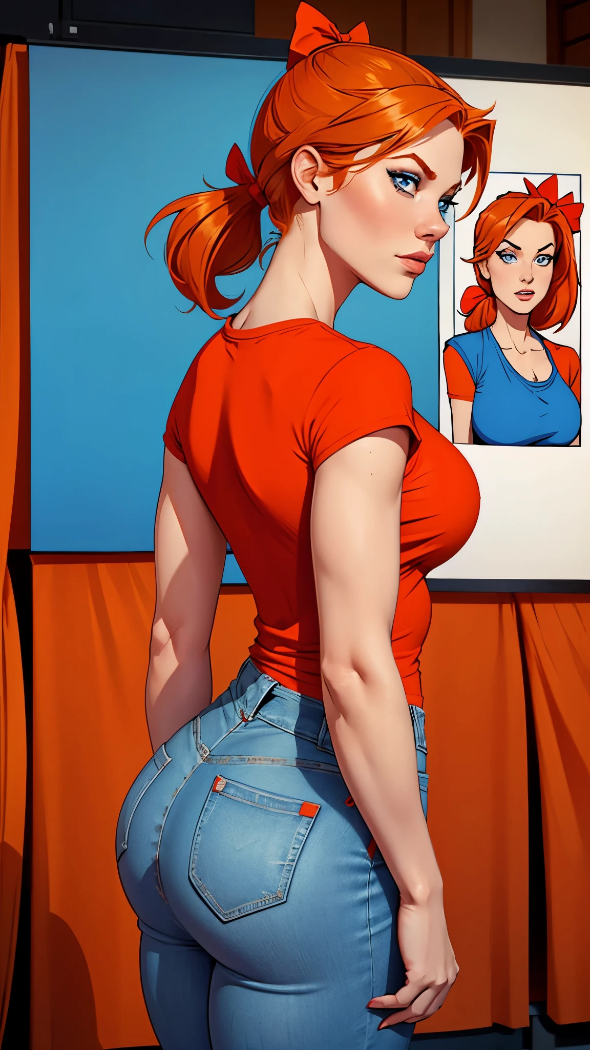 girl, white skin, medium-short height, medium orange hair, ponytail hair. blue eyes. She was wearing a jeans, red t-shirt, she was wearing a cap in her head. She had a bow in her back Party dress. busty. Comic style.