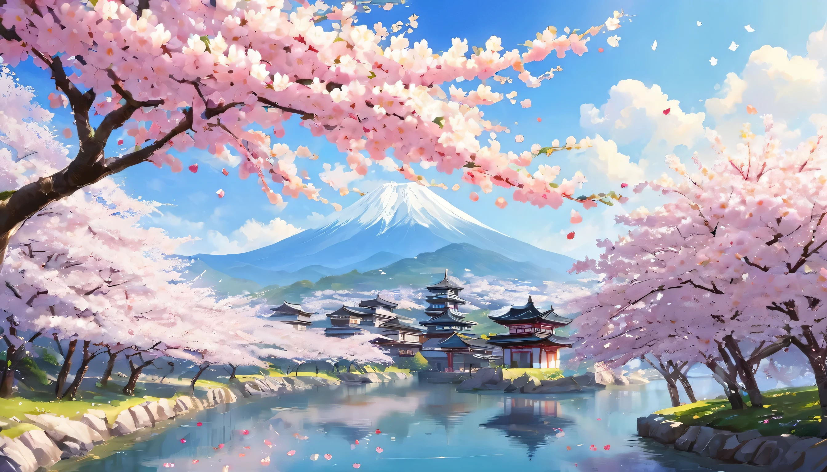 Scenery of a national park with cherry blossoms in full bloom、wallpaper、(8K), (super beautiful), (High quality), (delicate), Anime Style、level、High resolution、 (Prompts B and C) Beautiful and dreamy atmosphere、Popular spots、